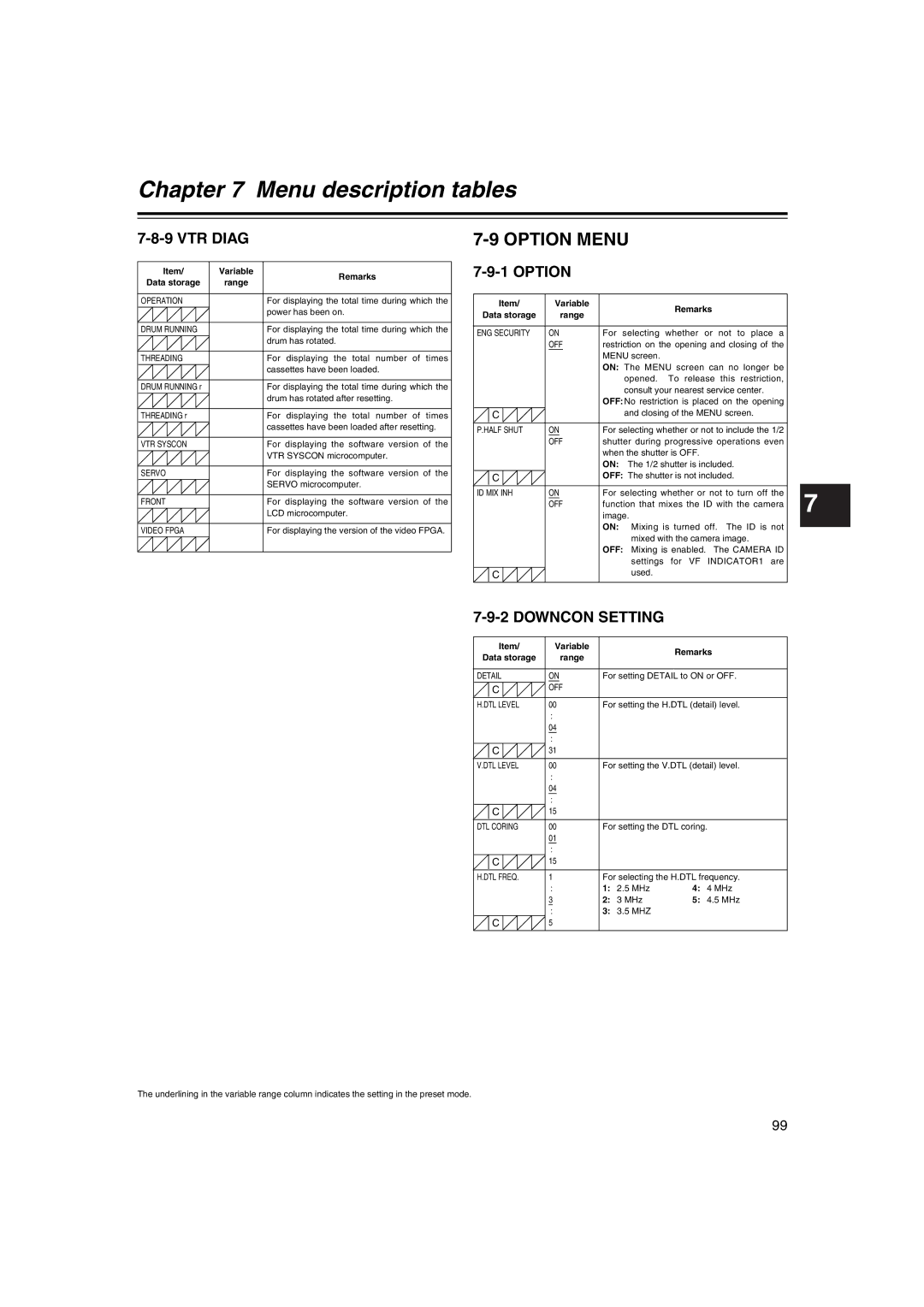 Panasonic AJ-HDX400E operating instructions VTR Diag, Option, Downcon Setting, Data storage Range 