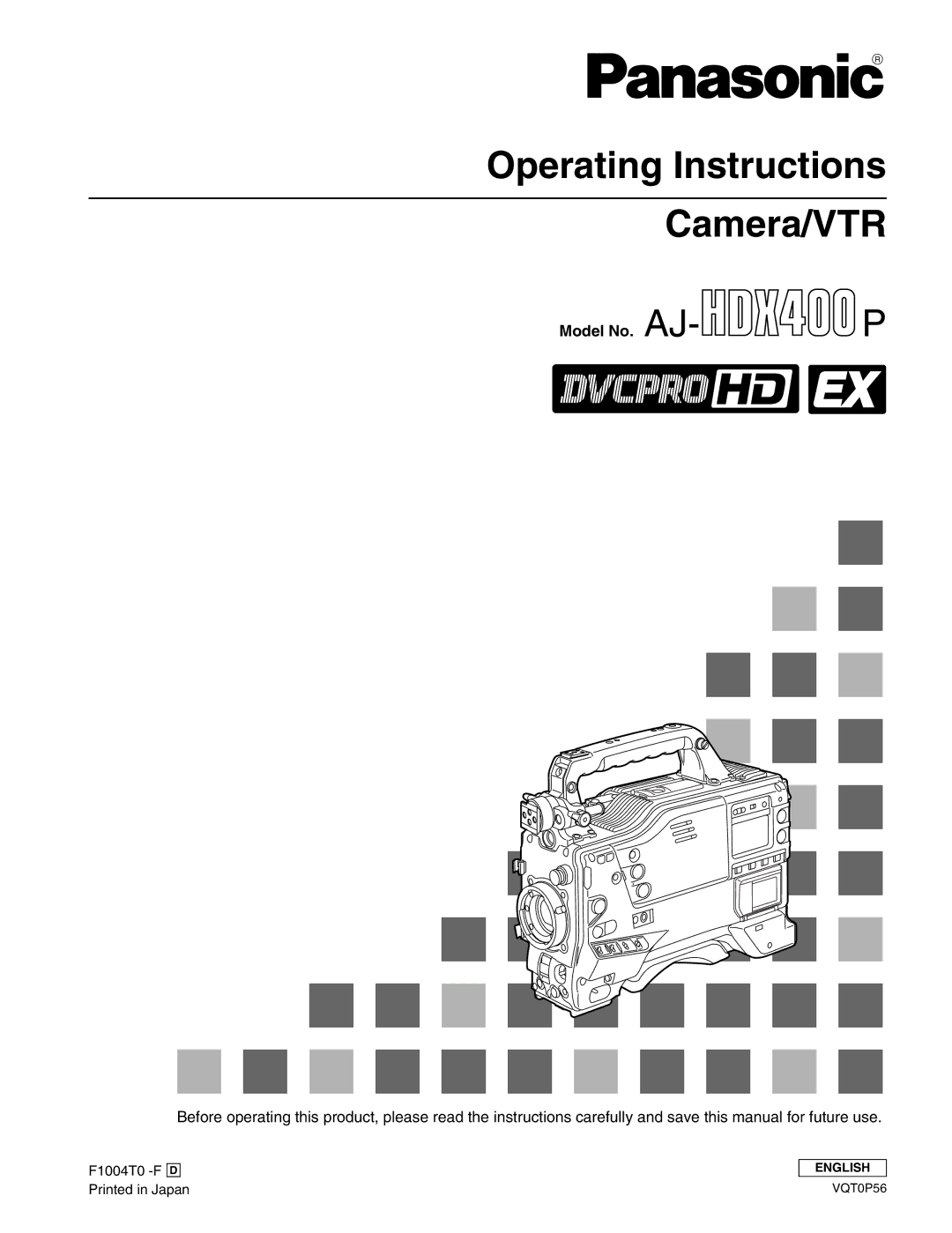 Panasonic AJ-HDX400P operating instructions Operating Instructions Camera/VTR, Model No. AJ 