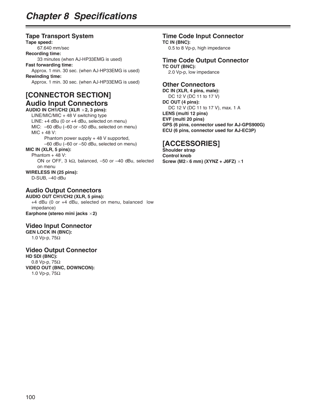 Panasonic AJ-HDX400P operating instructions Connector Section Audio Input Connectors 