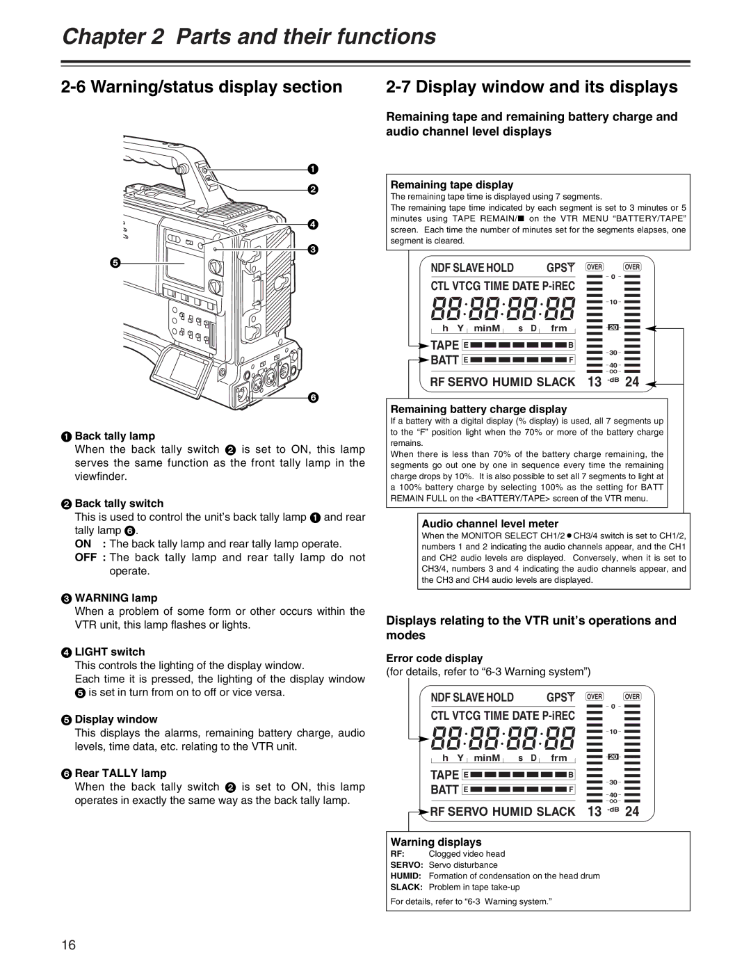 Panasonic AJ-HDX400P operating instructions Displays relating to the VTR unit’s operations and modes 