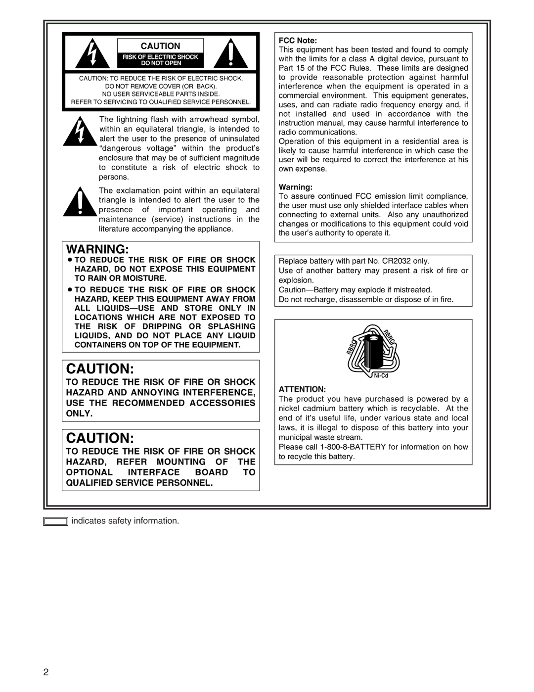 Panasonic AJ-HDX400P operating instructions FCC Note, Do not Remove Cover or Back, Ni-Cd 