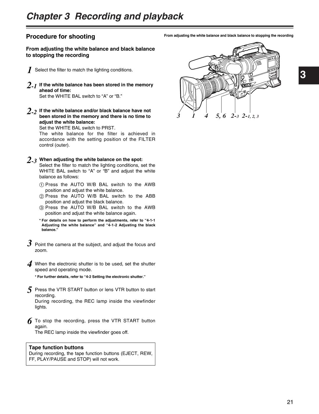 Panasonic AJ-HDX400P operating instructions Procedure for shooting, Tape function buttons, Adjust the white balance 