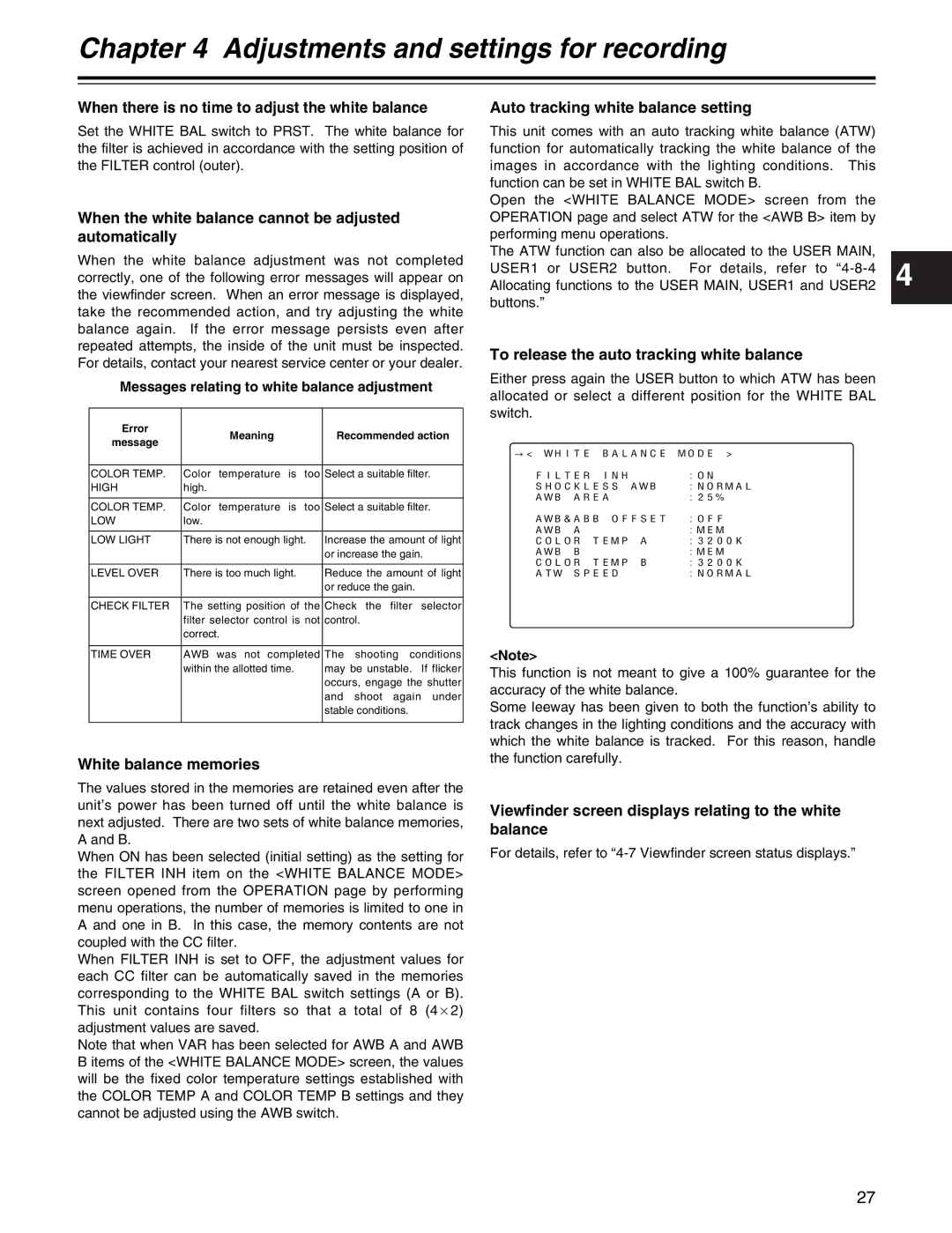 Panasonic AJ-HDX400P operating instructions When there is no time to adjust the white balance, White balance memories 