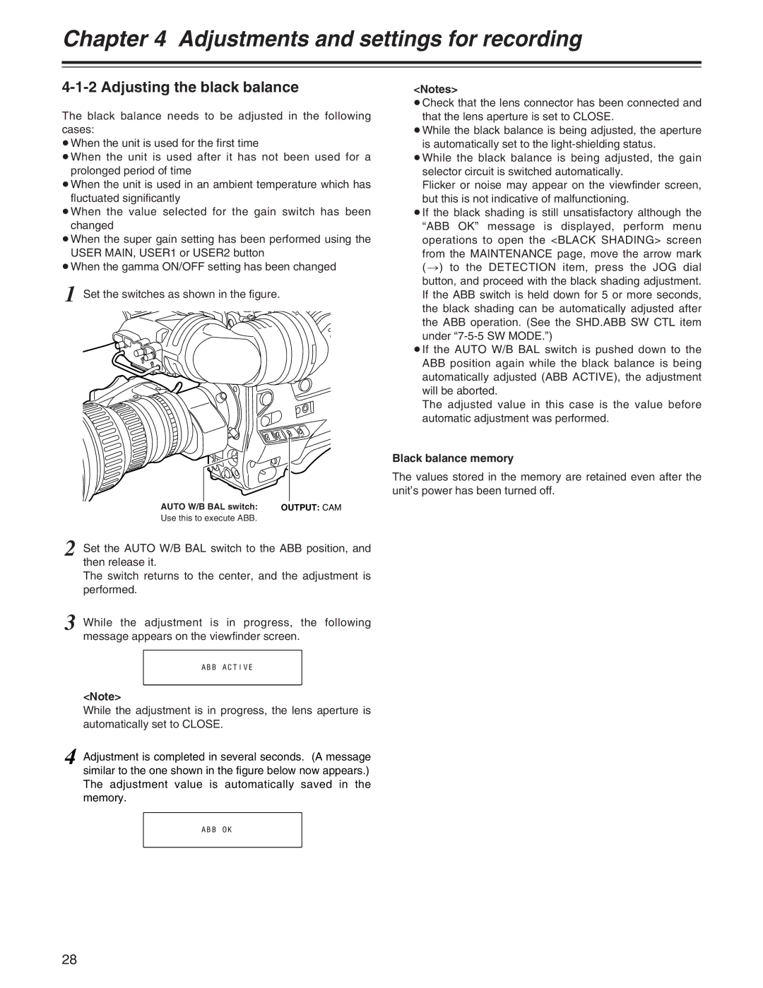 Panasonic AJ-HDX400P Adjusting the black balance, Black balance memory, Auto W/B BAL switch, Use this to execute ABB 