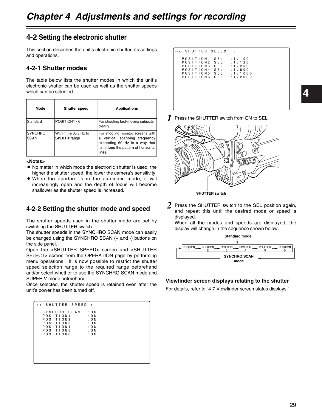 Panasonic AJ-HDX400P Setting the electronic shutter, Shutter modes, Setting the shutter mode and speed, Synchro Scan 