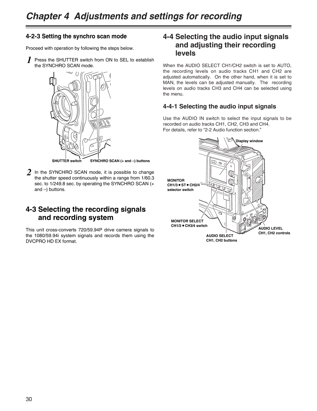 Panasonic AJ-HDX400P Selecting the recording signals and recording system, Setting the synchro scan mode 