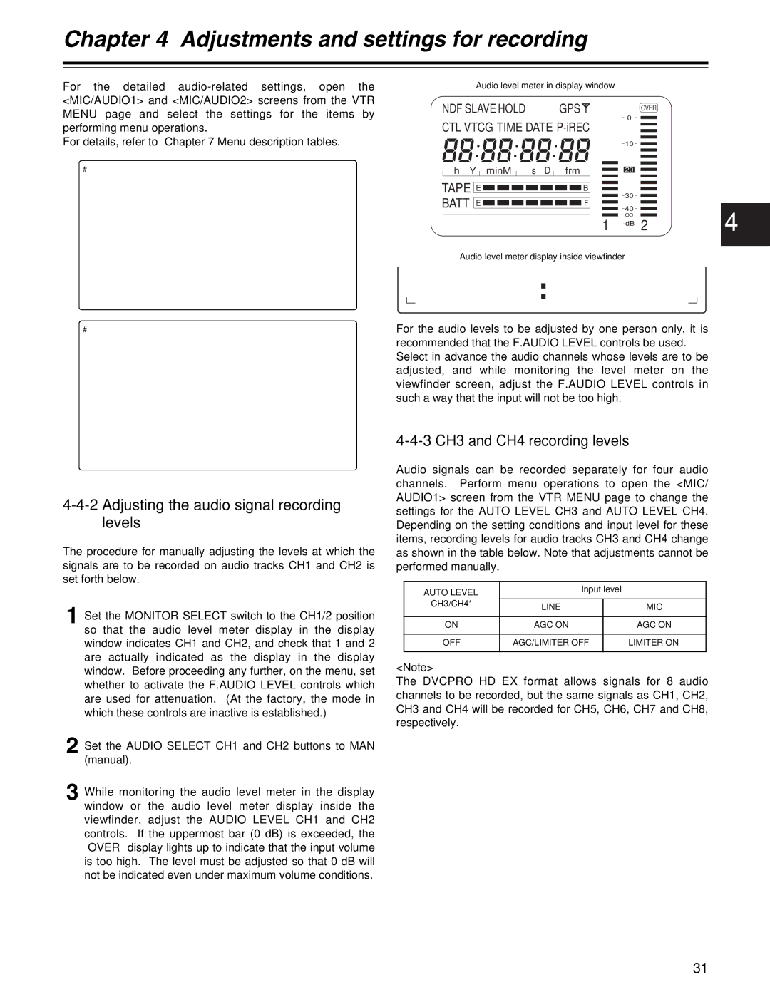 Panasonic AJ-HDX400P Adjusting the audio signal recording levels, 3 CH3 and CH4 recording levels, Auto Level, Mic 