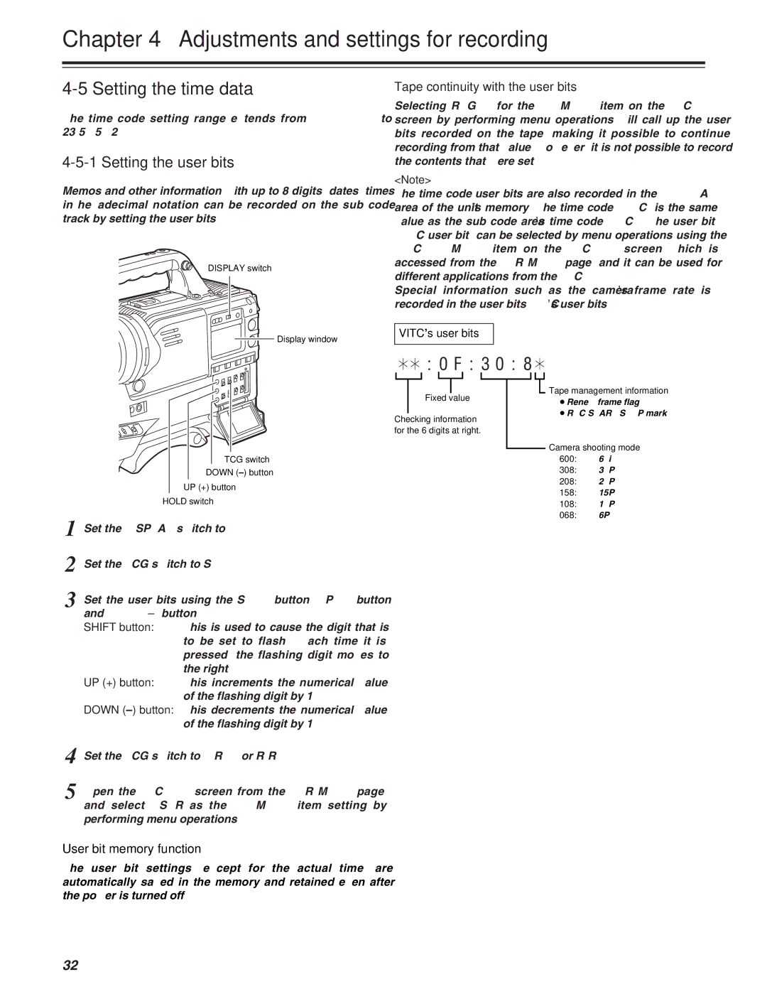 Panasonic AJ-HDX400P Setting the time data, Setting the user bits, Tape continuity with the user bits, VITC’s user bits 