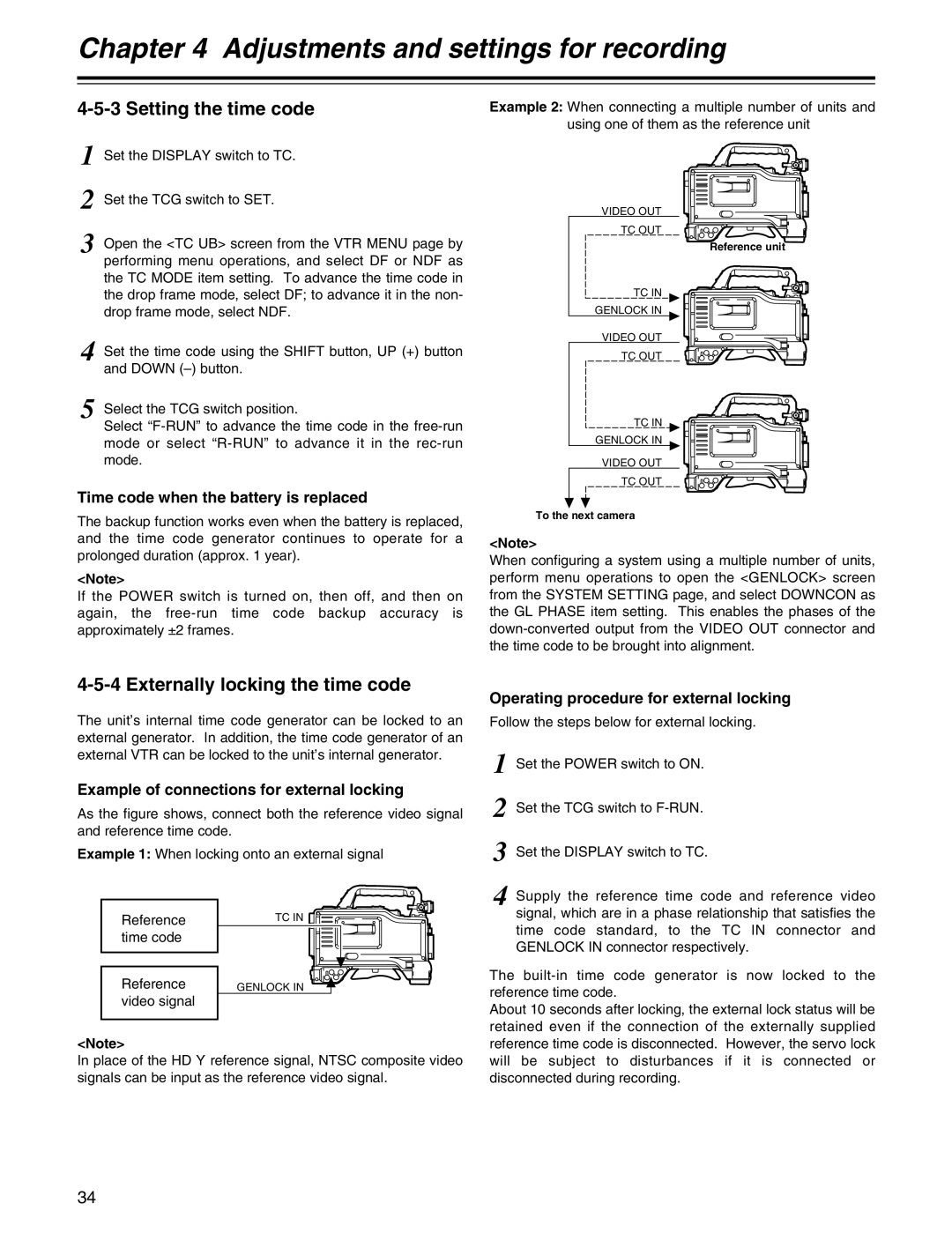 Panasonic AJ-HDX400P Setting the time code, Externally locking the time code, Time code when the battery is replaced 