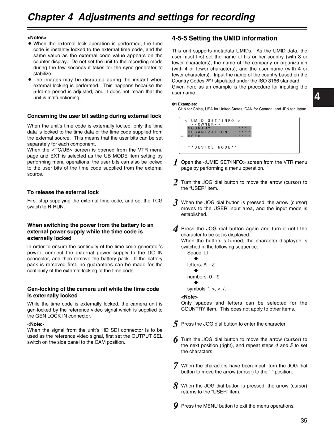 Panasonic AJ-HDX400P Setting the Umid information, Concerning the user bit setting during external lock, Examples 