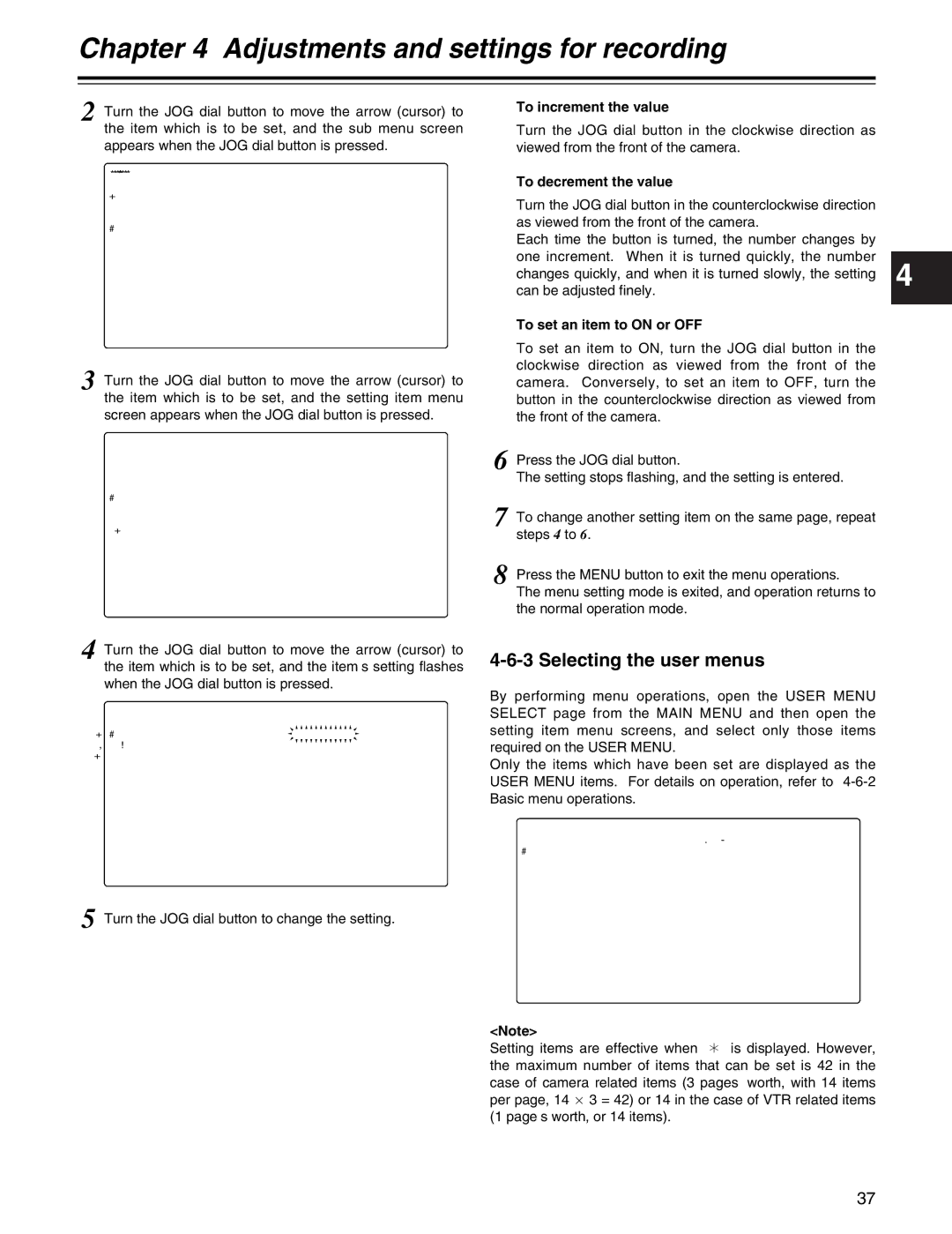 Panasonic AJ-HDX400P Selecting the user menus, To increment the value, To decrement the value, To set an item to on or OFF 