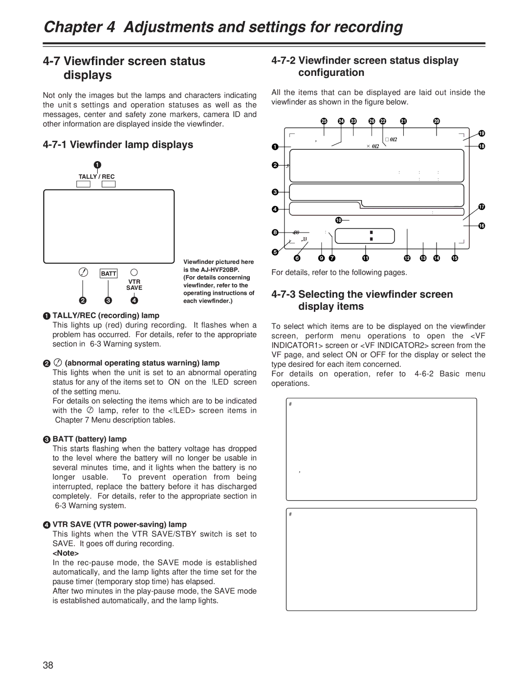 Panasonic AJ-HDX400P operating instructions Viewfinder screen status displays, Viewfinder lamp displays 