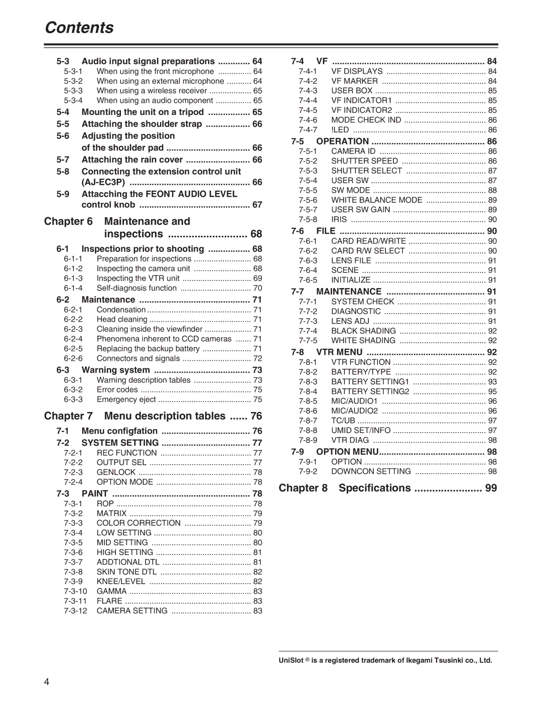 Panasonic AJ-HDX400P operating instructions Chapter Maintenance Inspections, Menu description tables, Specifications 