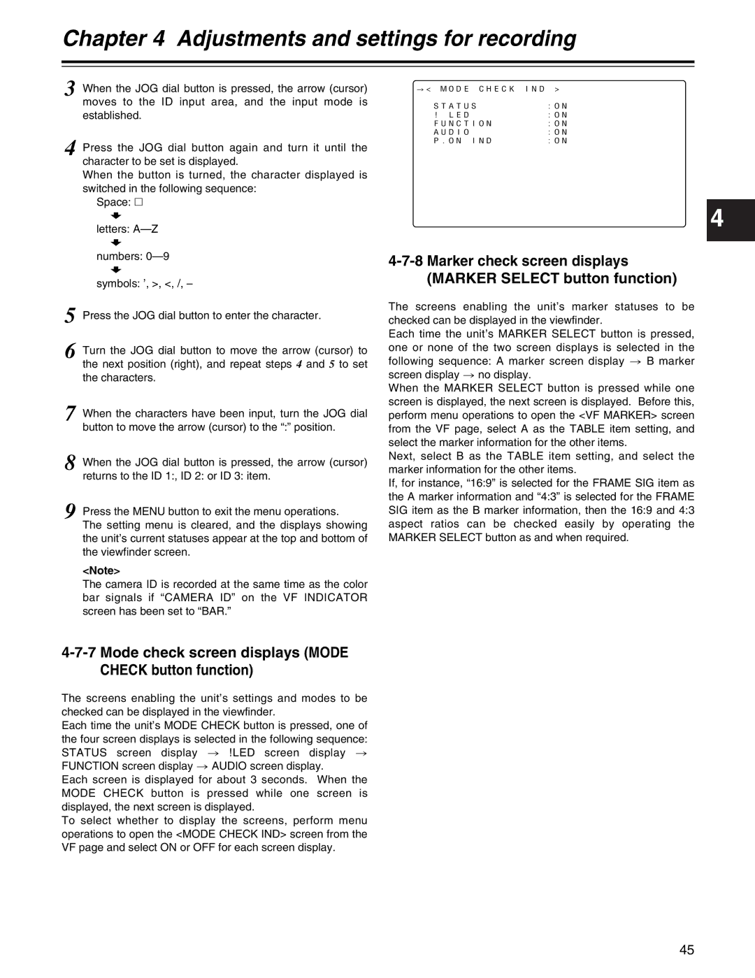 Panasonic AJ-HDX400P operating instructions Mode check screen displays Mode Check button function 