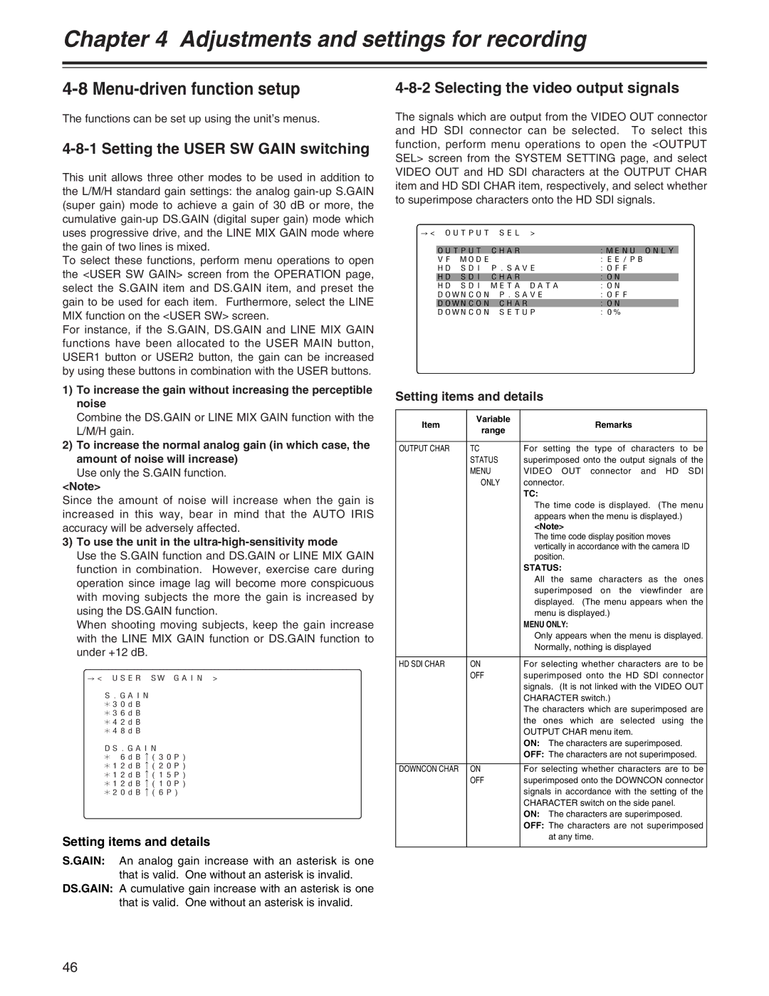 Panasonic AJ-HDX400P Menu-driven function setup, Setting the User SW Gain switching, Selecting the video output signals 