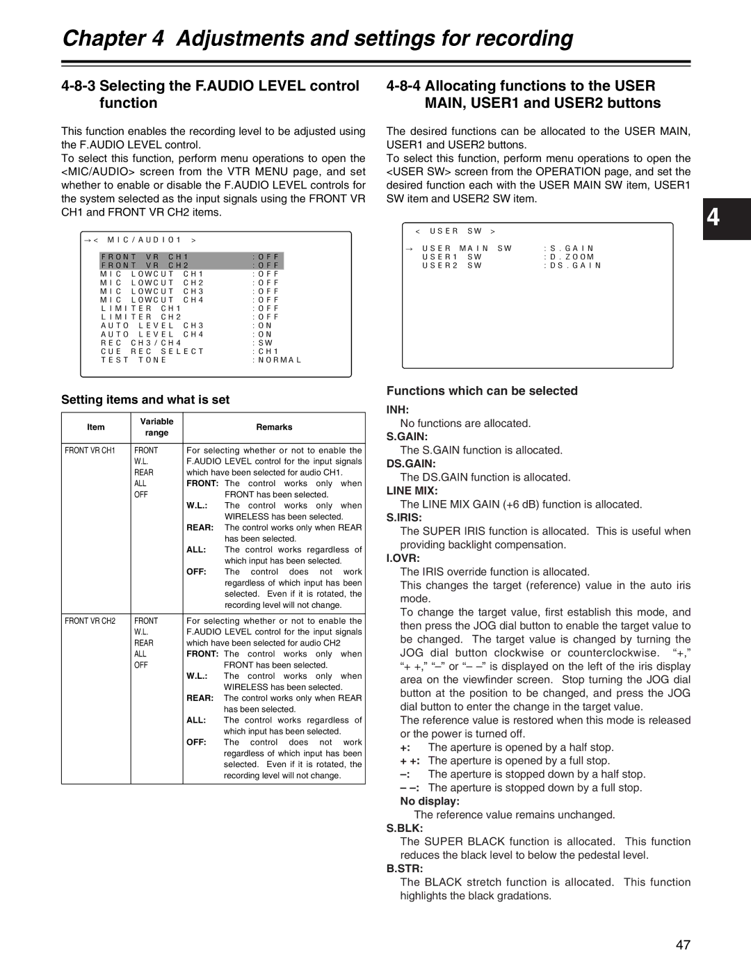 Panasonic AJ-HDX400P operating instructions Selecting the F.AUDIO Level control function, Setting items and what is set 