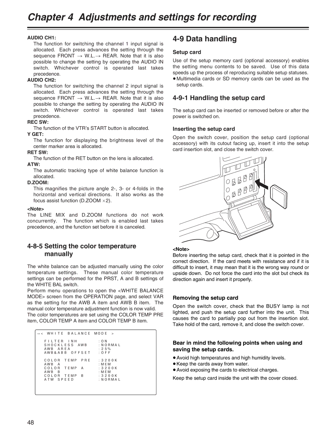 Panasonic AJ-HDX400P operating instructions Data handling, Setting the color temperature manually, Handling the setup card 