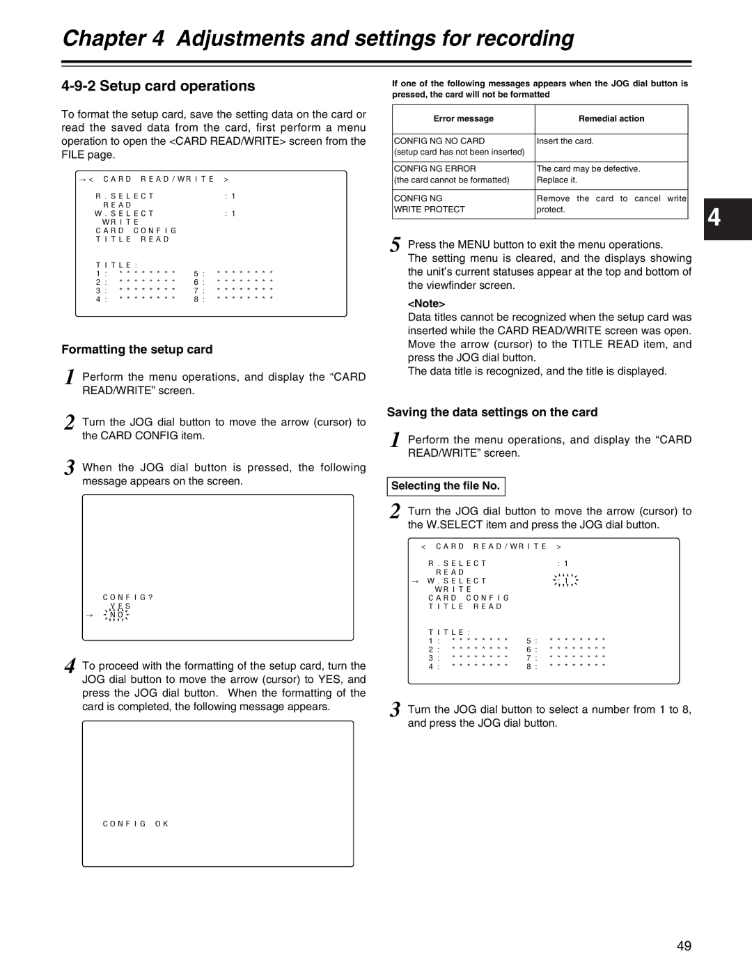 Panasonic AJ-HDX400P Setup card operations, Formatting the setup card, Saving the data settings on the card 