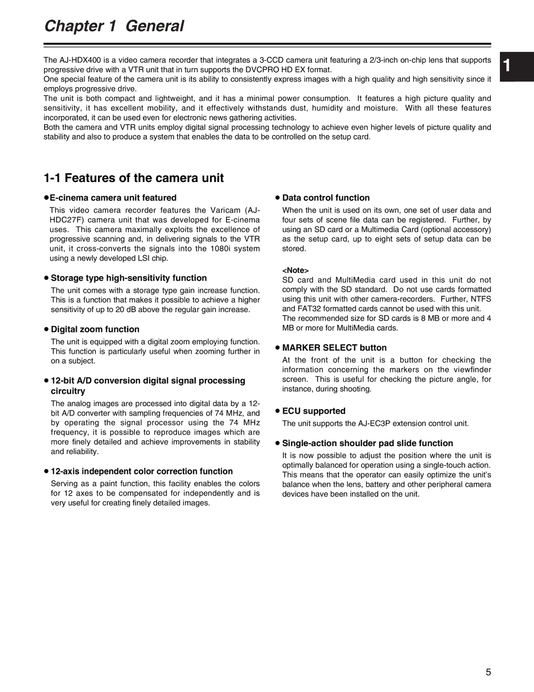 Panasonic AJ-HDX400P operating instructions Features of the camera unit 