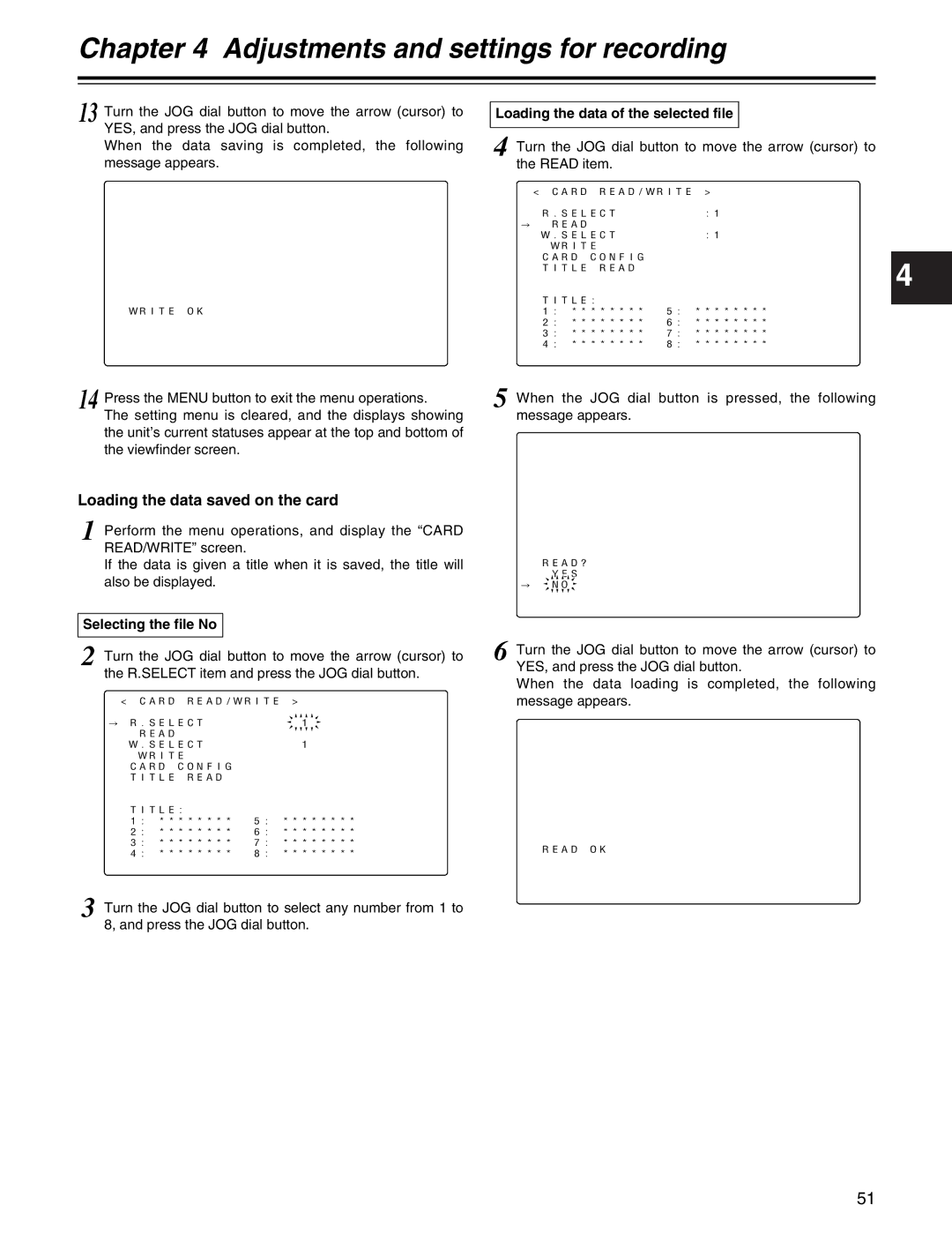 Panasonic AJ-HDX400P operating instructions Loading the data saved on the card, Loading the data of the selected file 