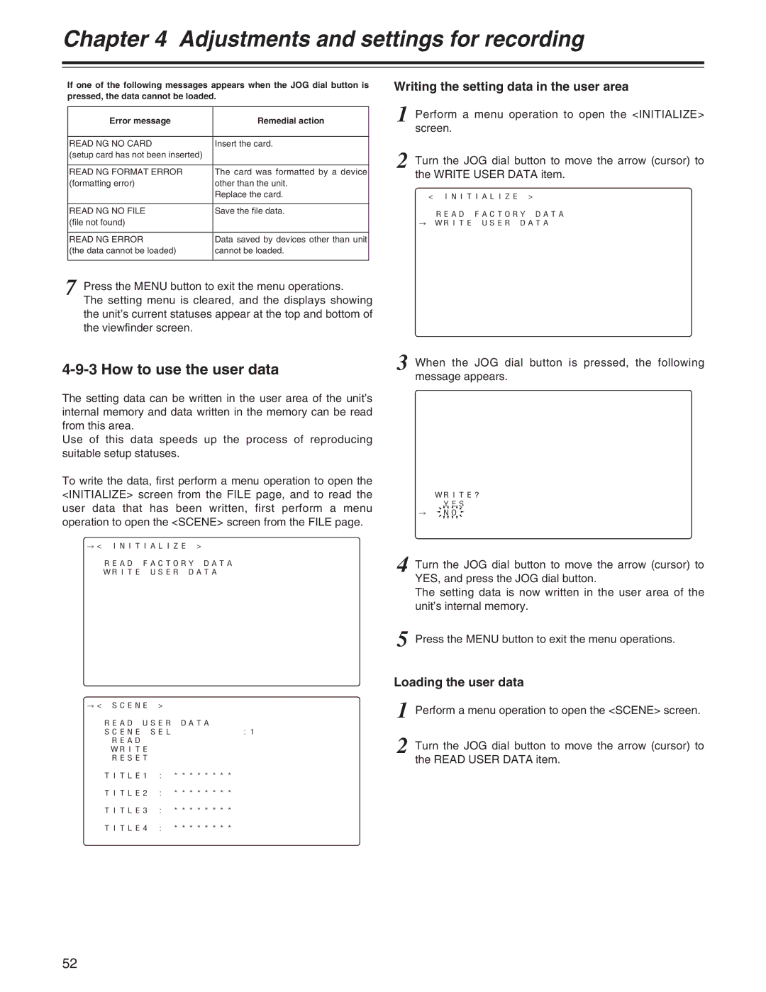 Panasonic AJ-HDX400P How to use the user data, Writing the setting data in the user area, Loading the user data 