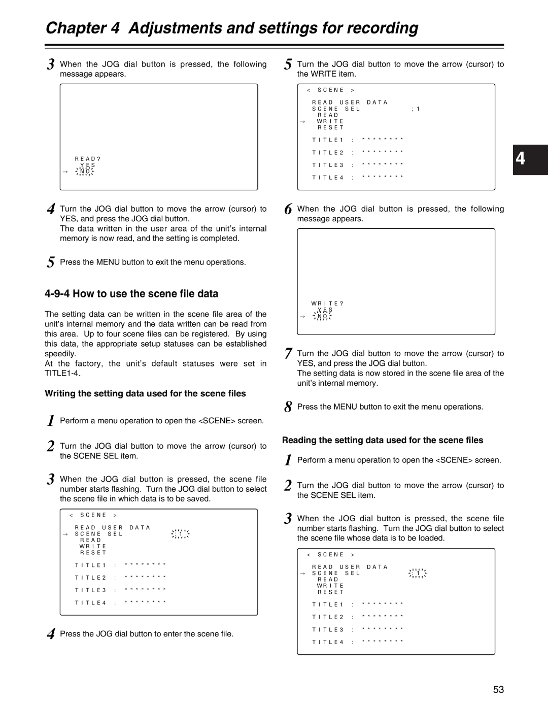 Panasonic AJ-HDX400P How to use the scene file data, Writing the setting data used for the scene files 