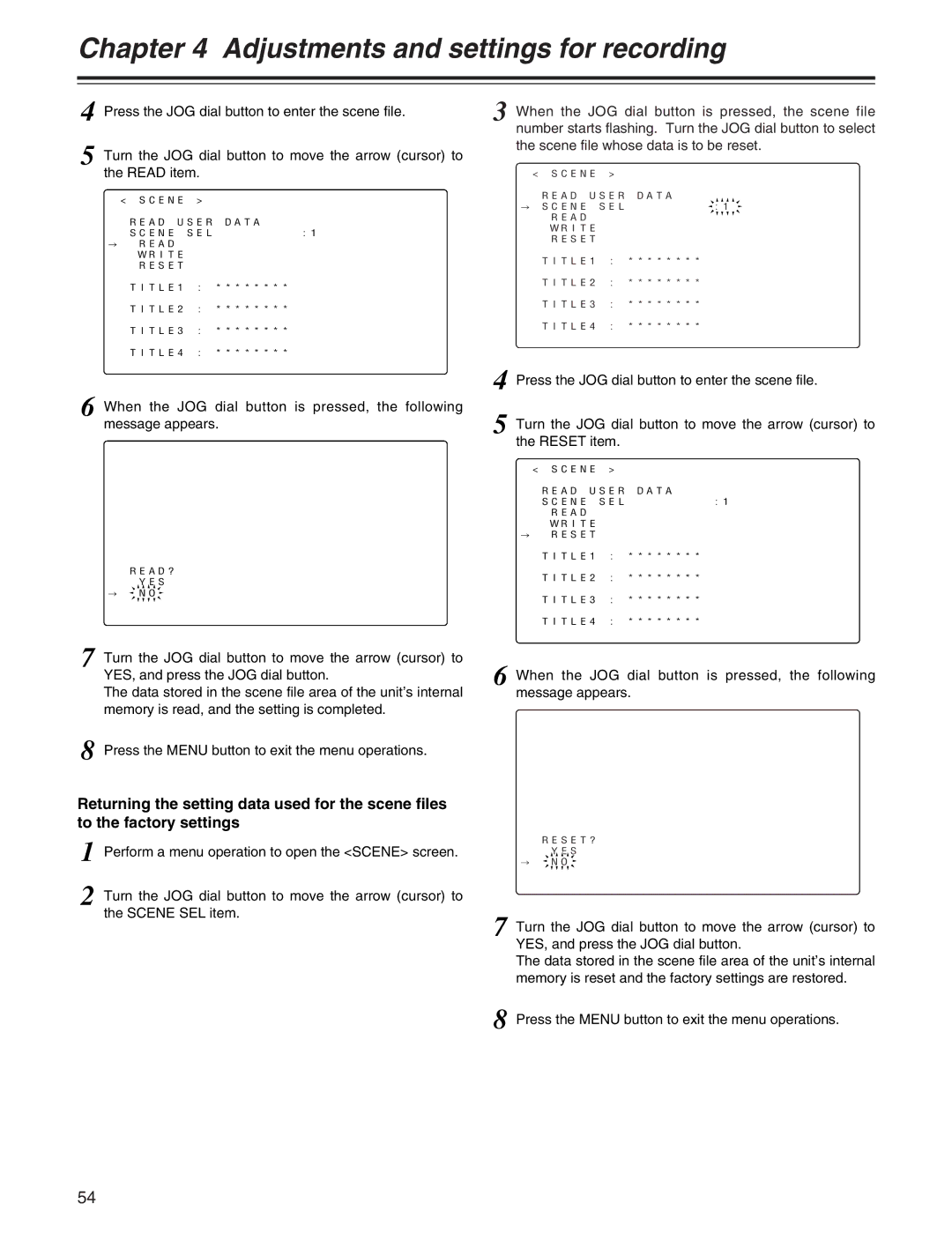 Panasonic AJ-HDX400P operating instructions Scene Read User Data Scene SEL # Read Write Reset 