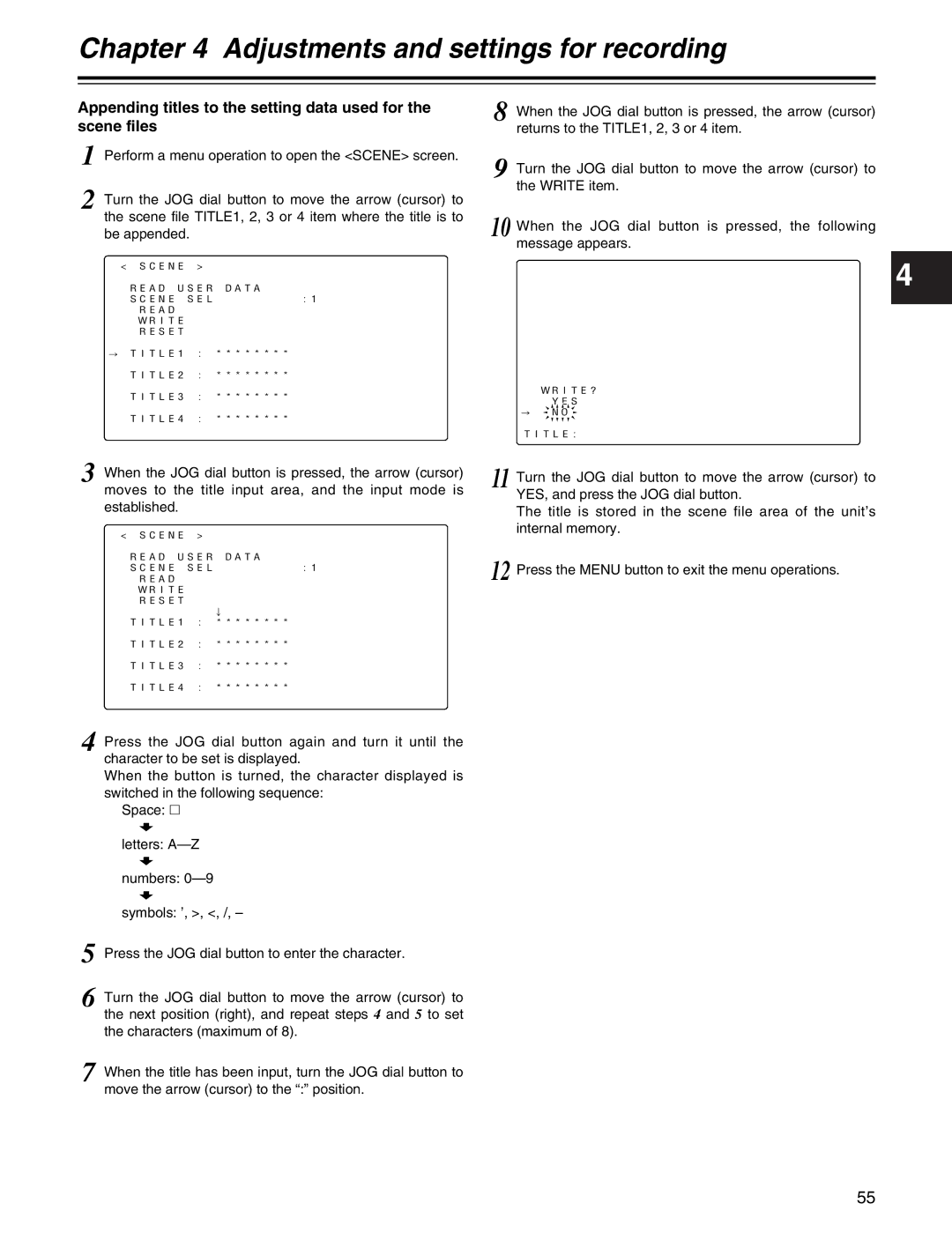 Panasonic AJ-HDX400P operating instructions Scene Read User Data Scene SEL Write Reset 