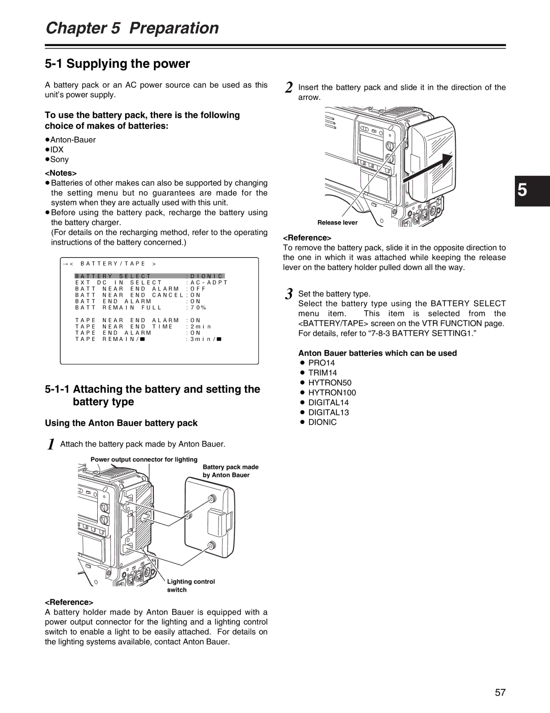 Panasonic AJ-HDX400P Supplying the power, Attaching the battery and setting the battery type, Reference 