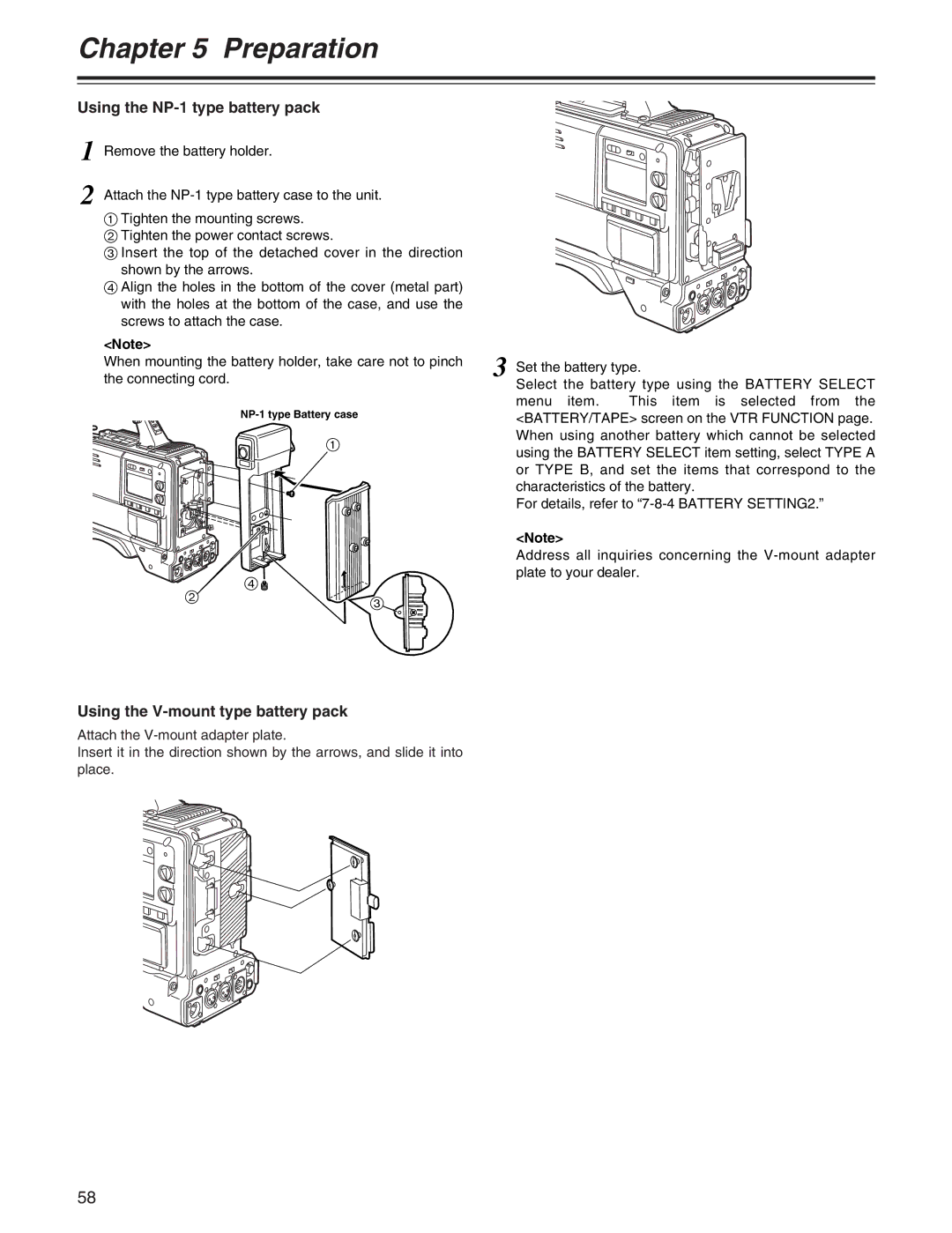 Panasonic AJ-HDX400P Using the NP-1 type battery pack, Using the V-mount type battery pack, NP-1 type Battery case 