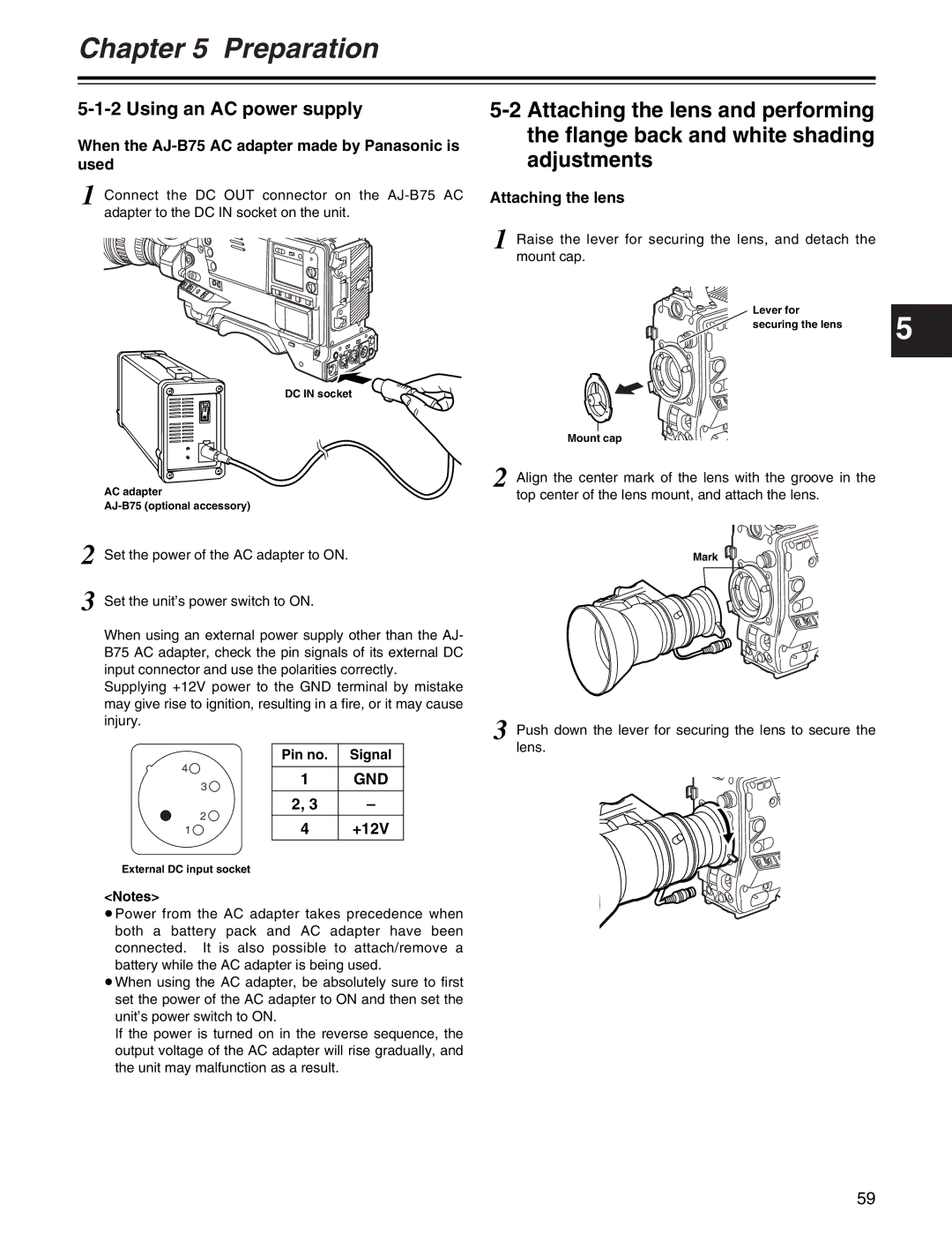 Panasonic AJ-HDX400P Using an AC power supply, When the AJ-B75 AC adapter made by Panasonic is used, Attaching the lens 