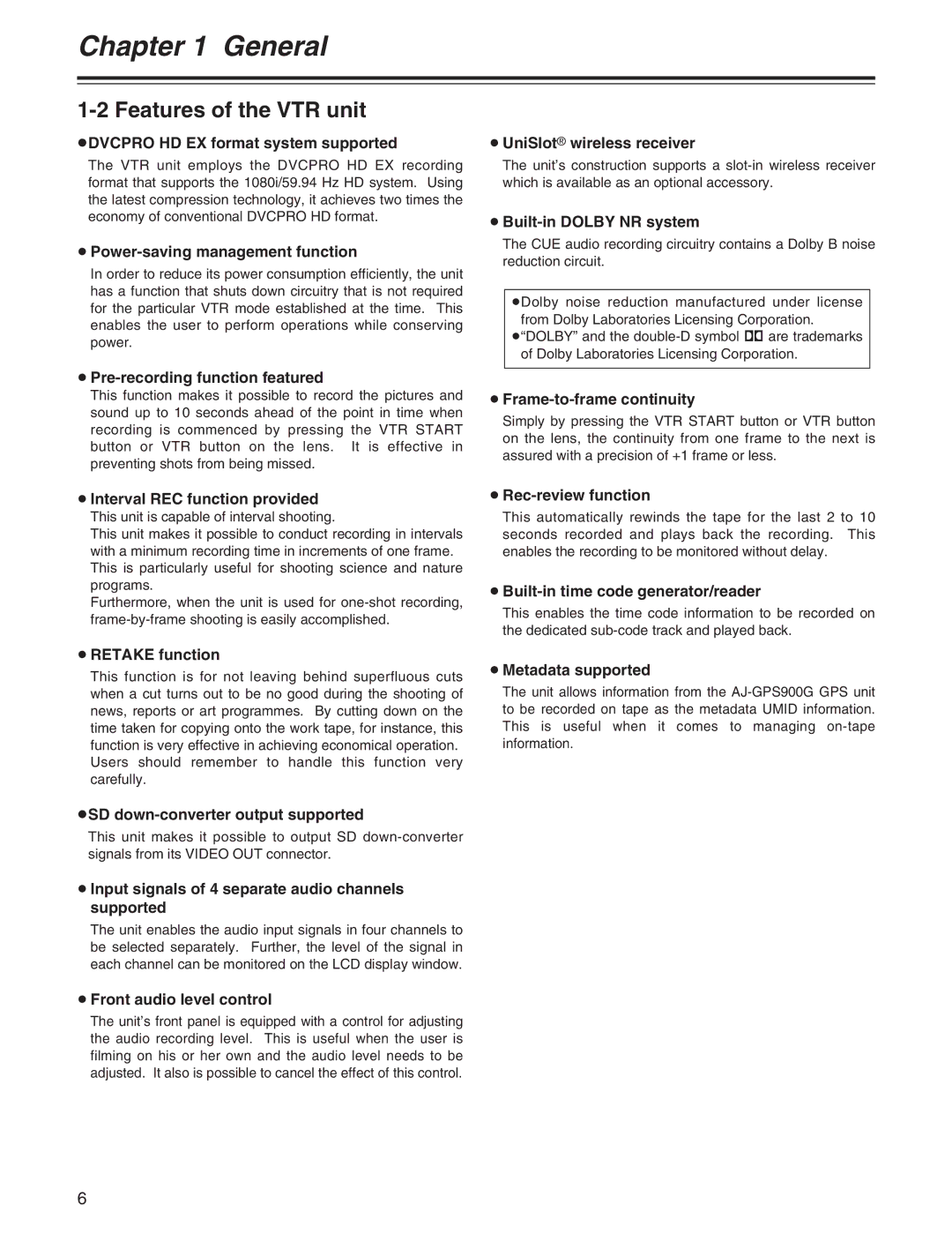 Panasonic AJ-HDX400P operating instructions Features of the VTR unit 