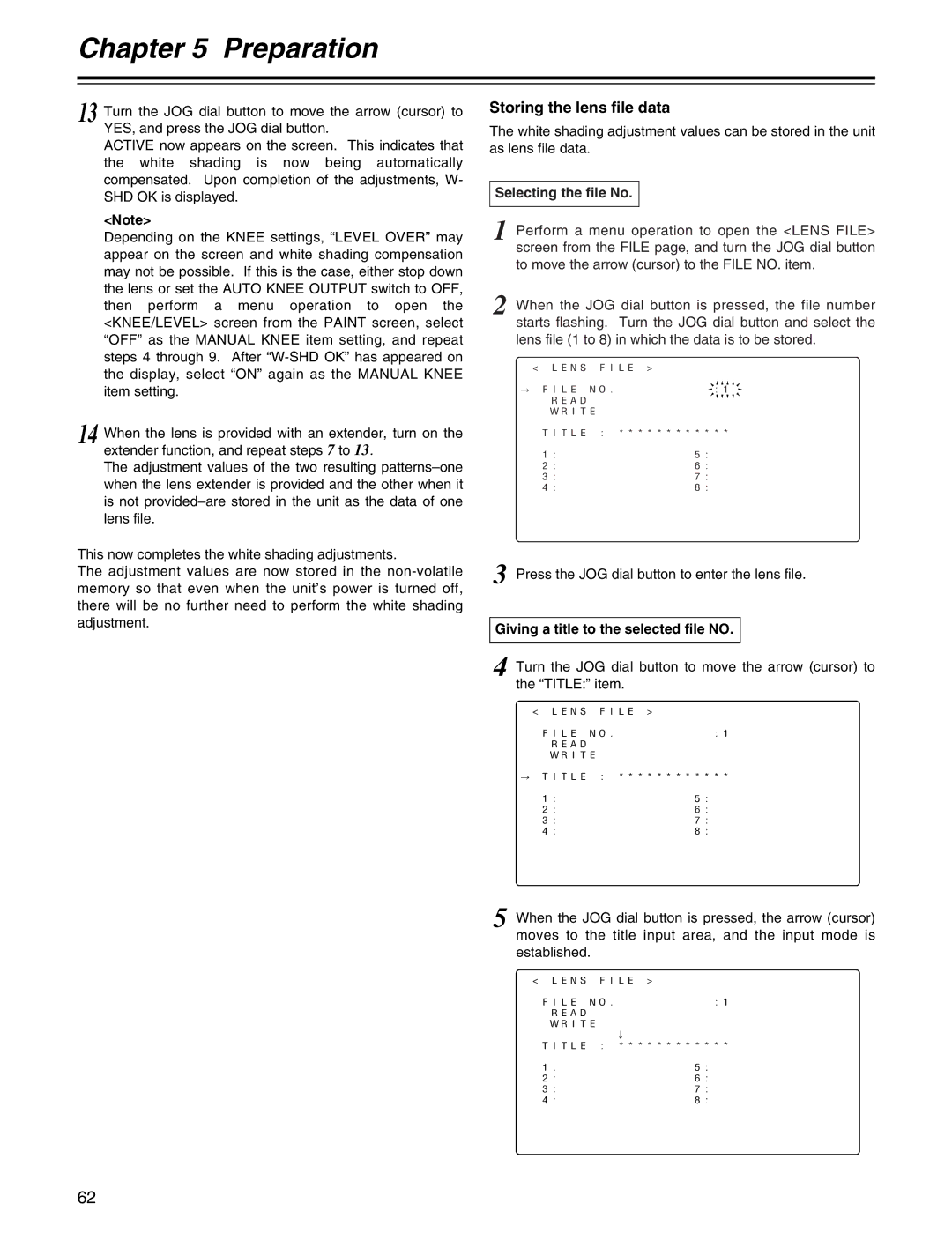 Panasonic AJ-HDX400P operating instructions Storing the lens file data, Giving a title to the selected file no 