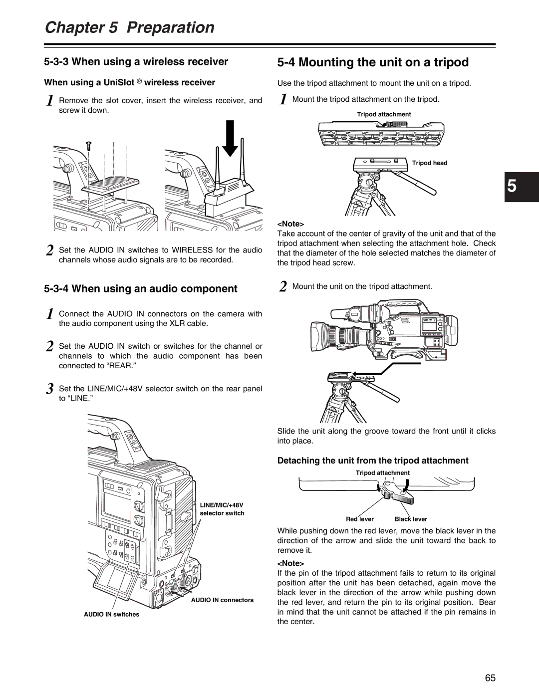 Panasonic AJ-HDX400P Mounting the unit on a tripod, When using a wireless receiver, When using an audio component 