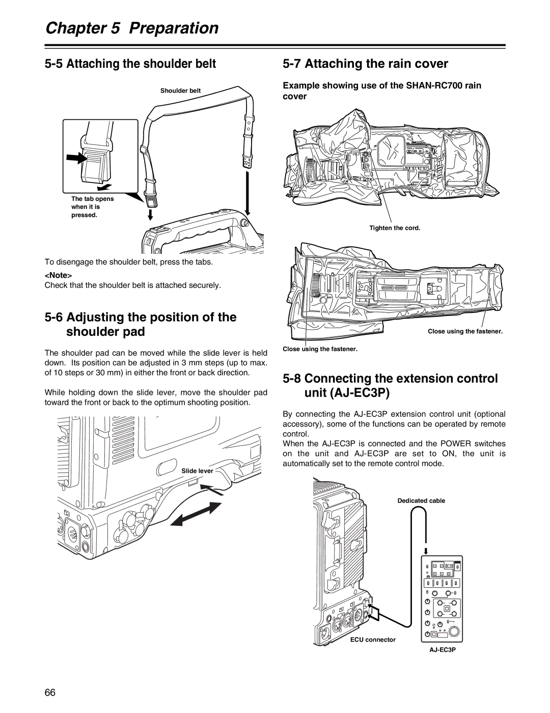 Panasonic AJ-HDX400P Attaching the shoulder belt, Adjusting the position of the shoulder pad, AJ-EC3P 