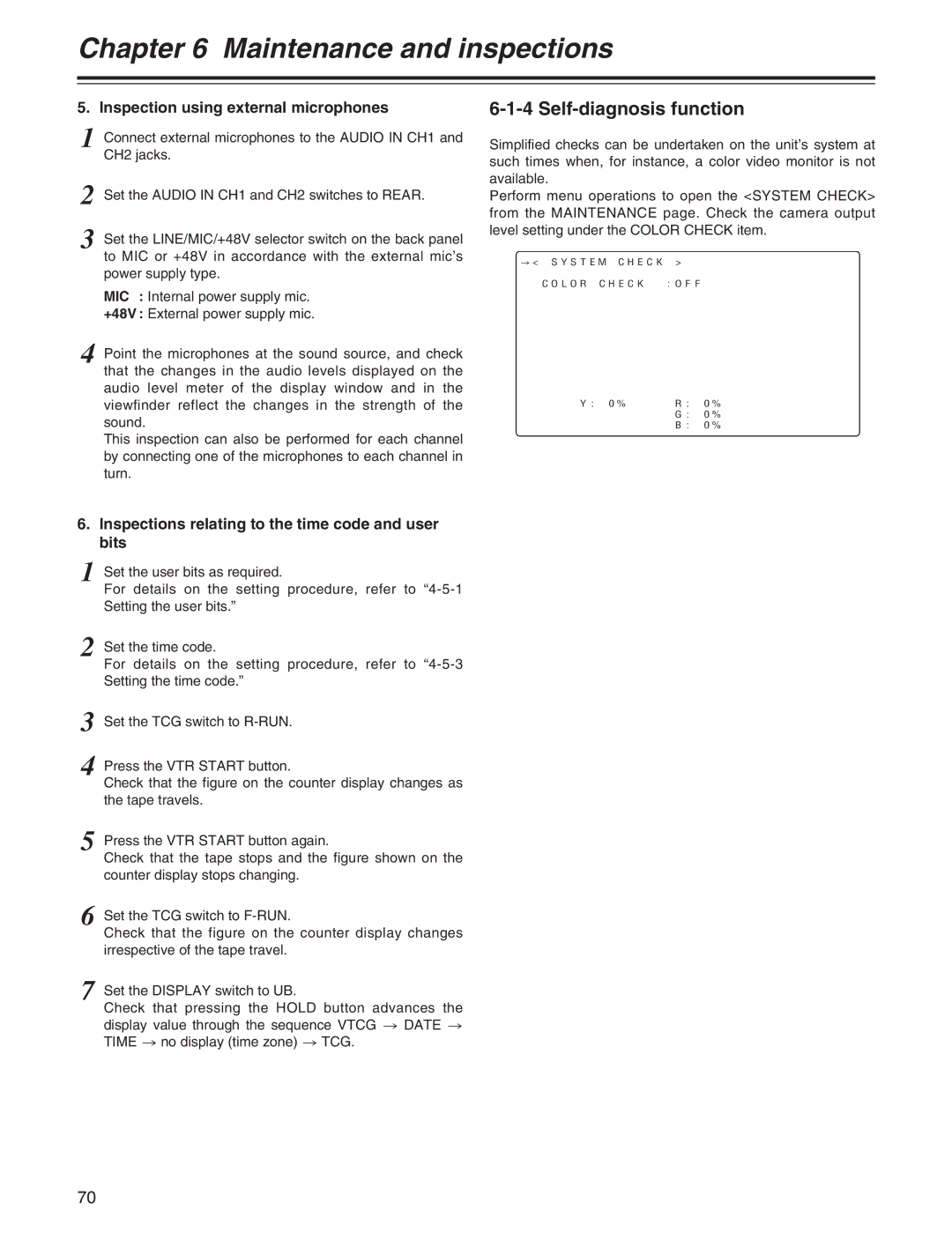 Panasonic AJ-HDX400P operating instructions Self-diagnosis function, Inspection using external microphones 