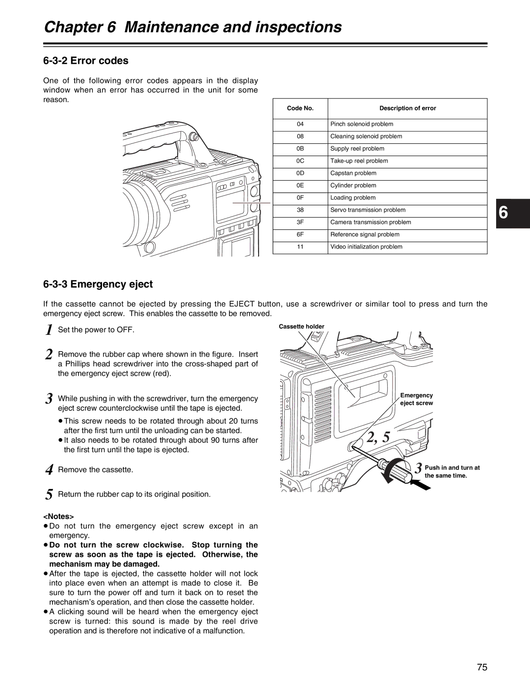 Panasonic AJ-HDX400P operating instructions Error codes, Emergency eject, Code No Description of error 