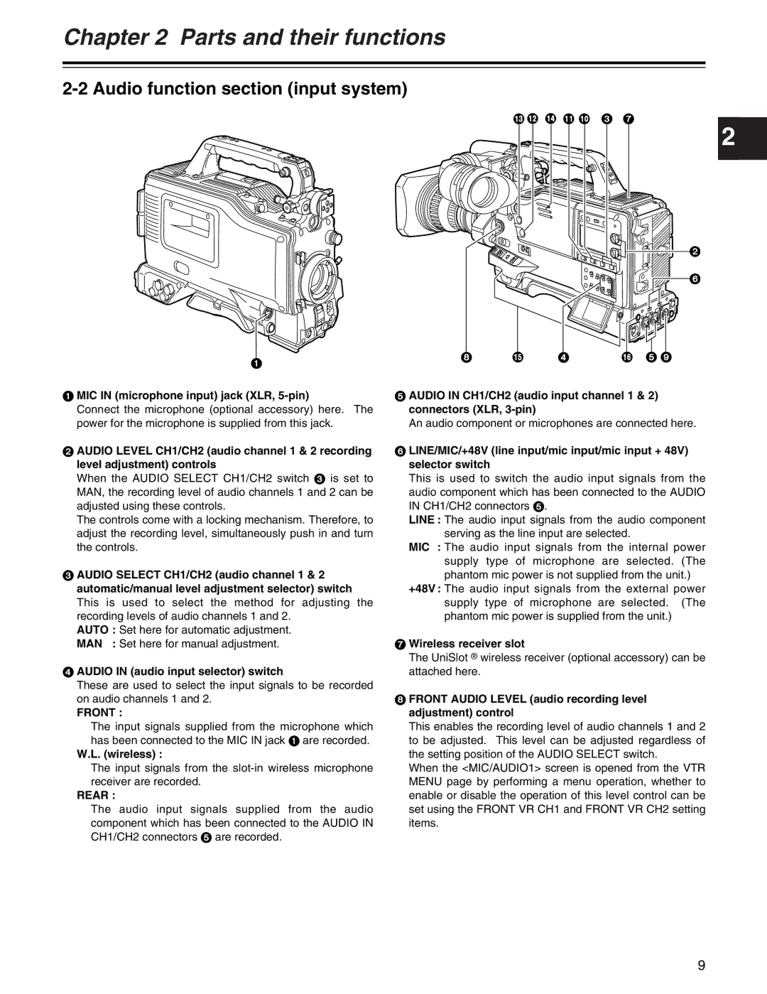 Panasonic AJ-HDX400P operating instructions Audio function section input system, Front, Rear 