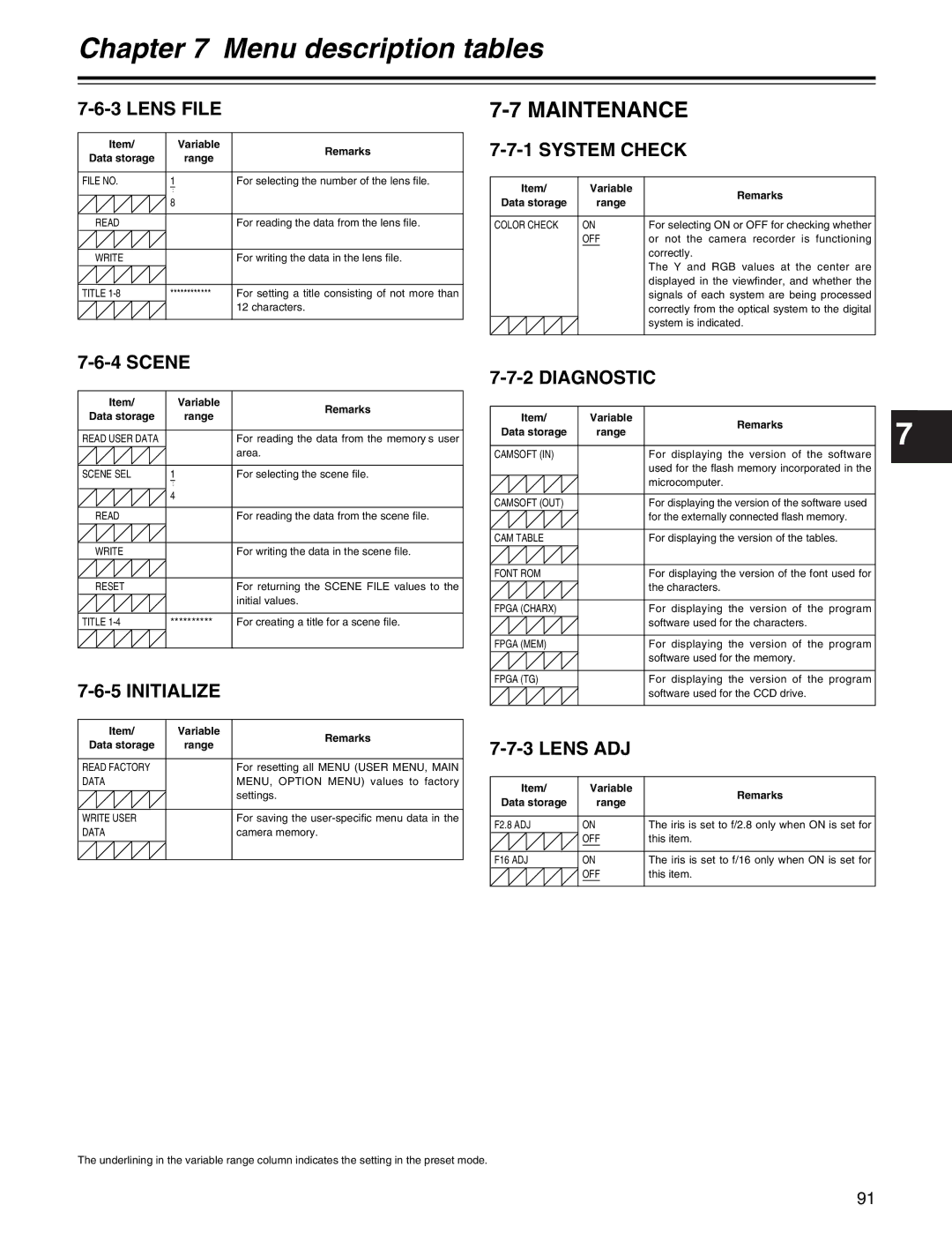 Panasonic AJ-HDX400P operating instructions Lens File, System Check, Initialize, Diagnostic 