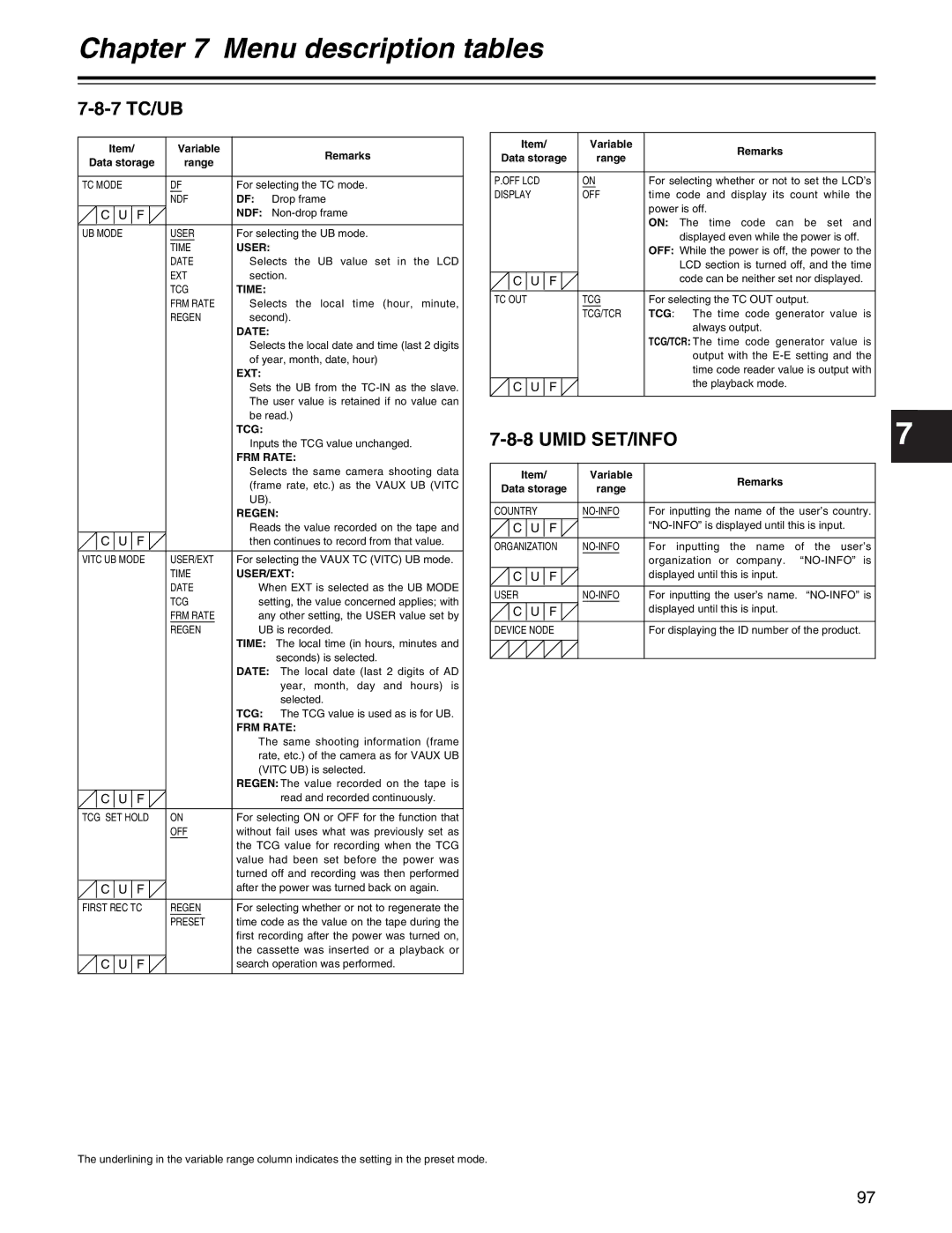 Panasonic AJ-HDX400P operating instructions 7 TC/UB, Umid SET/INFO 