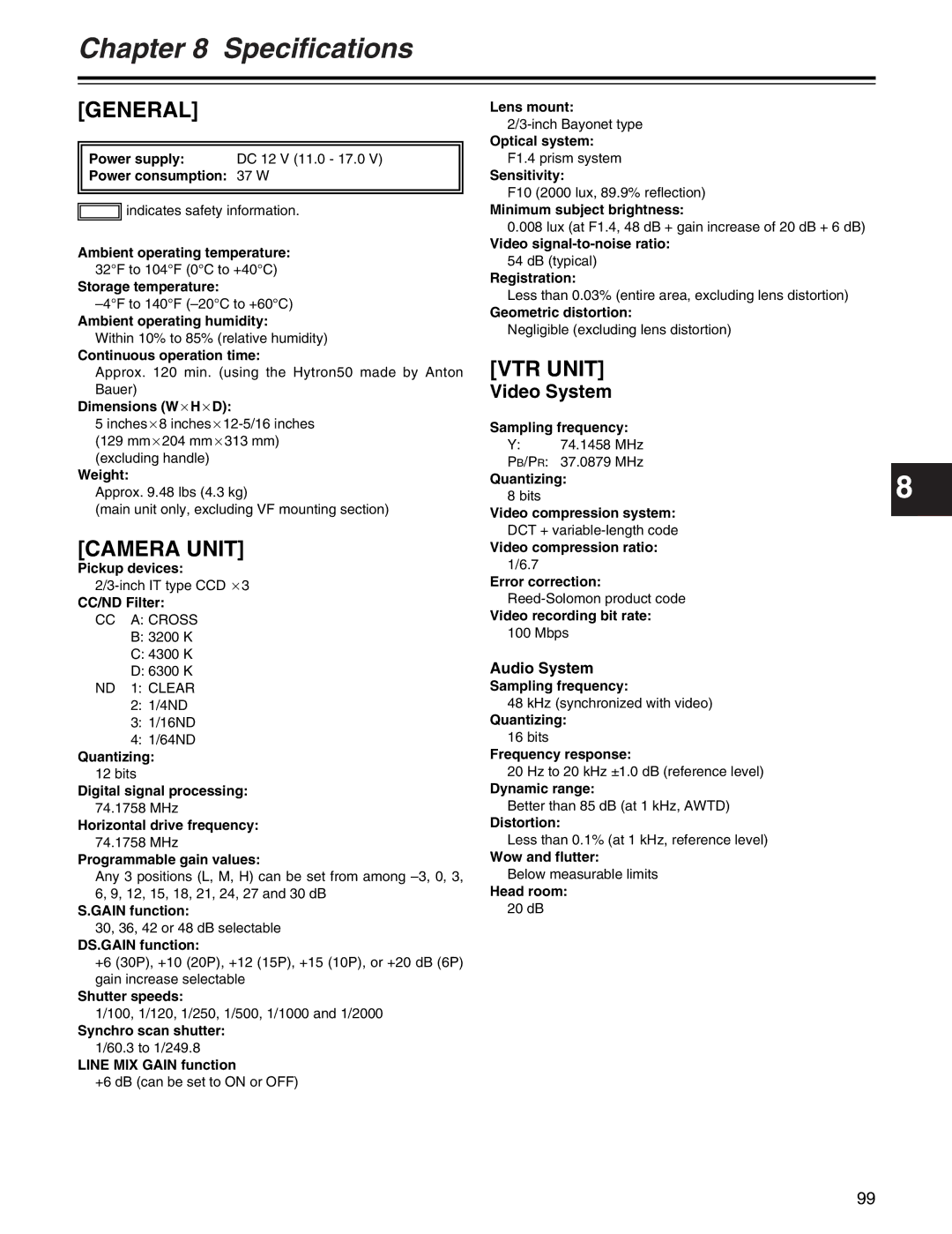 Panasonic AJ-HDX400P operating instructions Video System, Audio System 