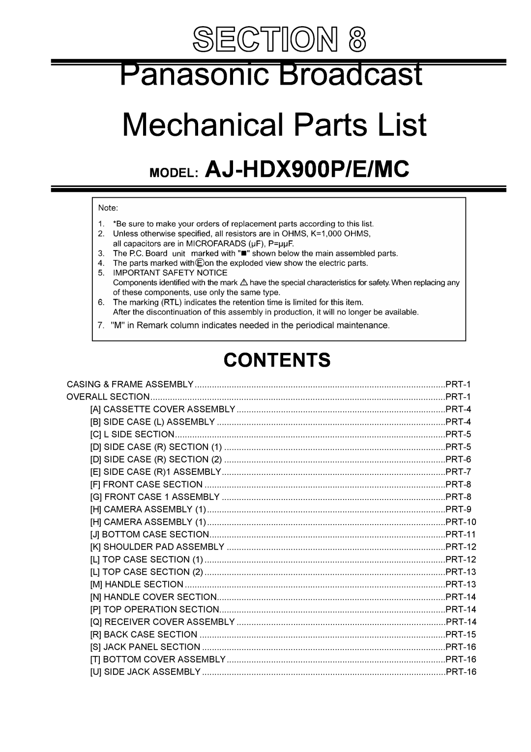 Panasonic AJ-HDX900MC manual Panasonic Broadcast Mechanical Parts List, MODEL AJ-HDX900P/E/MC, Contents 