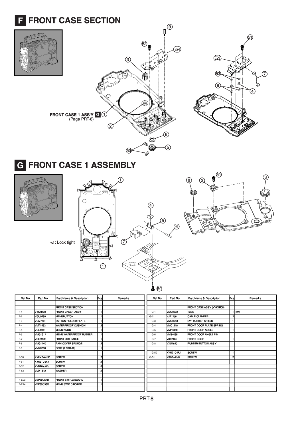 Panasonic AJ-HDX900MC manual F Front Case Section, G FRONT CASE 1 ASSEMBLY, FRONT CASE 1 ASSY G, Page PRT-8, Lock tight 