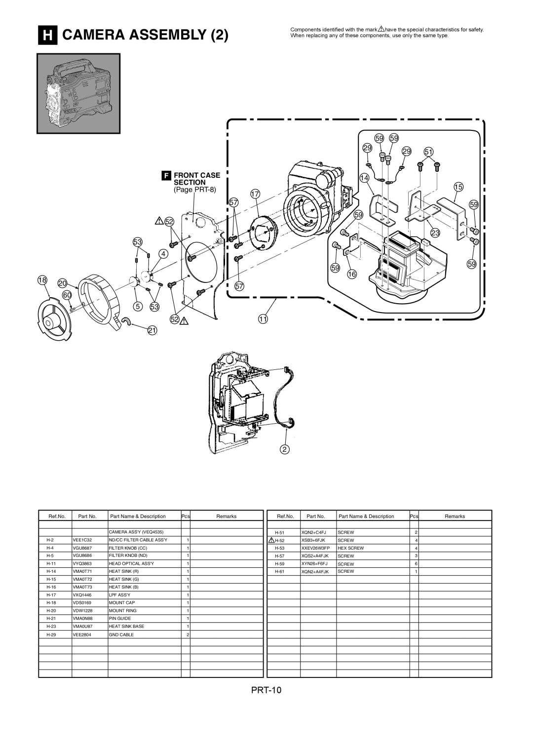 Panasonic AJ-HDX900MC manual H Camera Assembly, Front Case, Section, Page PRT-8, Ref.No, Part Name & Description, Remarks 
