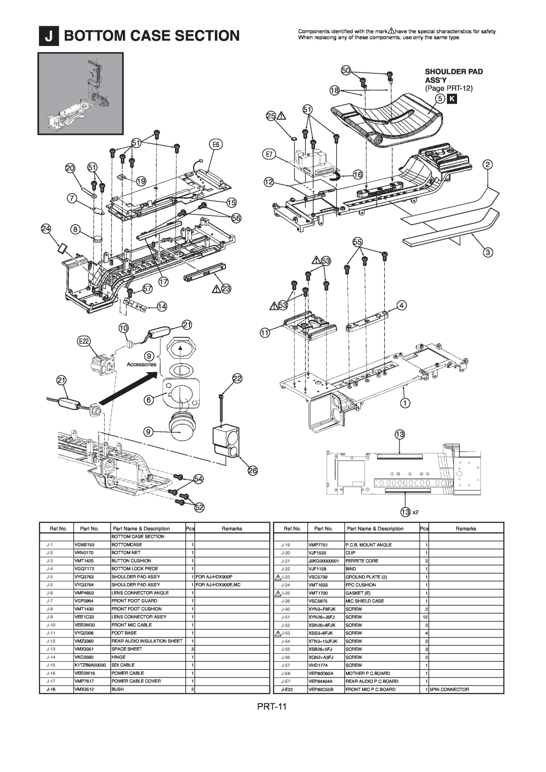Panasonic AJ-HDX900MC J Bottom Case Section, Shoulder Pad Assy, Page PRT-12, Accessories, Ref.No, Part Name & Description 