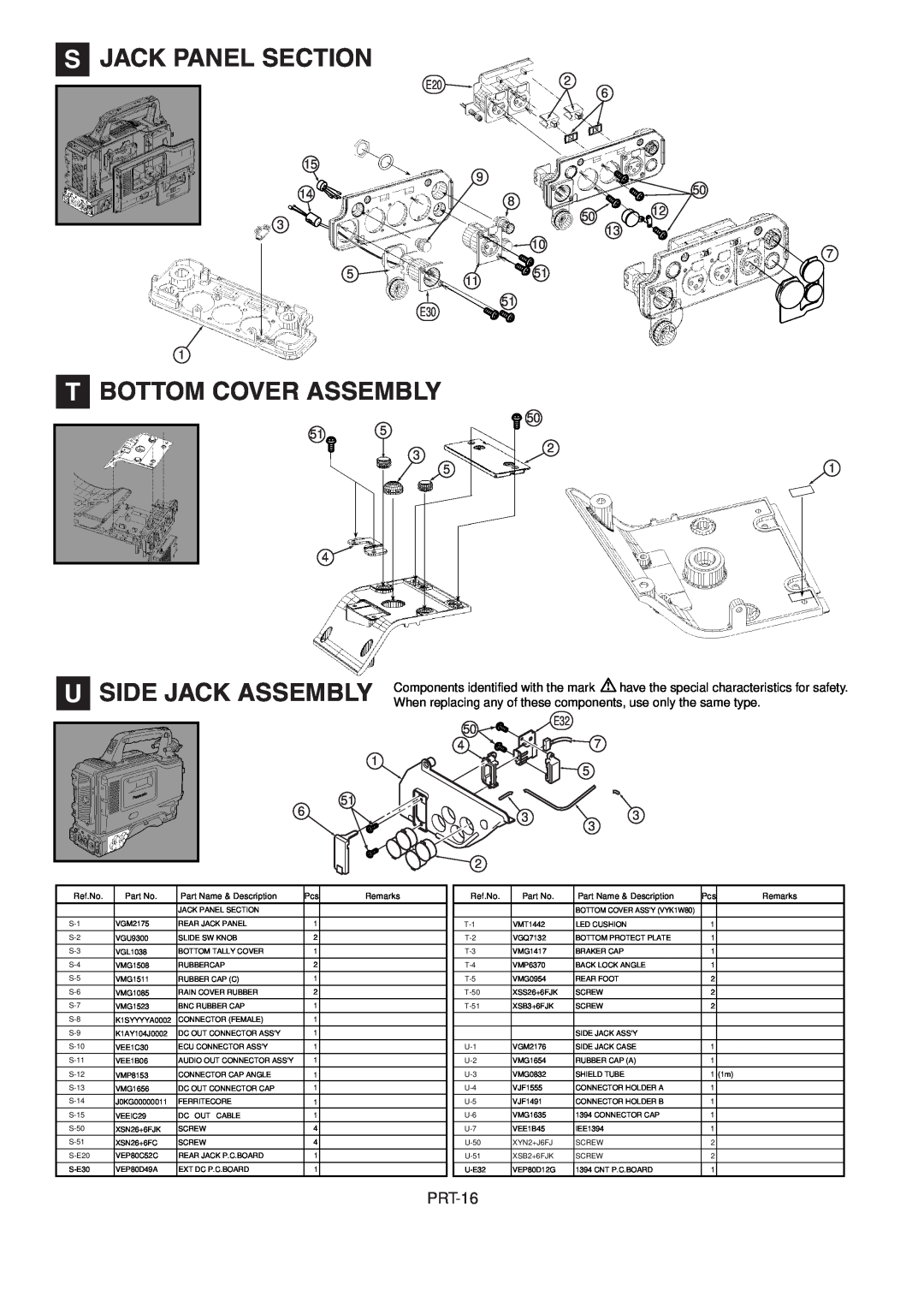 Panasonic AJ-HDX900MC manual S Jack Panel Section, T Bottom Cover Assembly, U Side Jack Assembly, PRT-16, Ref.No, Remarks 