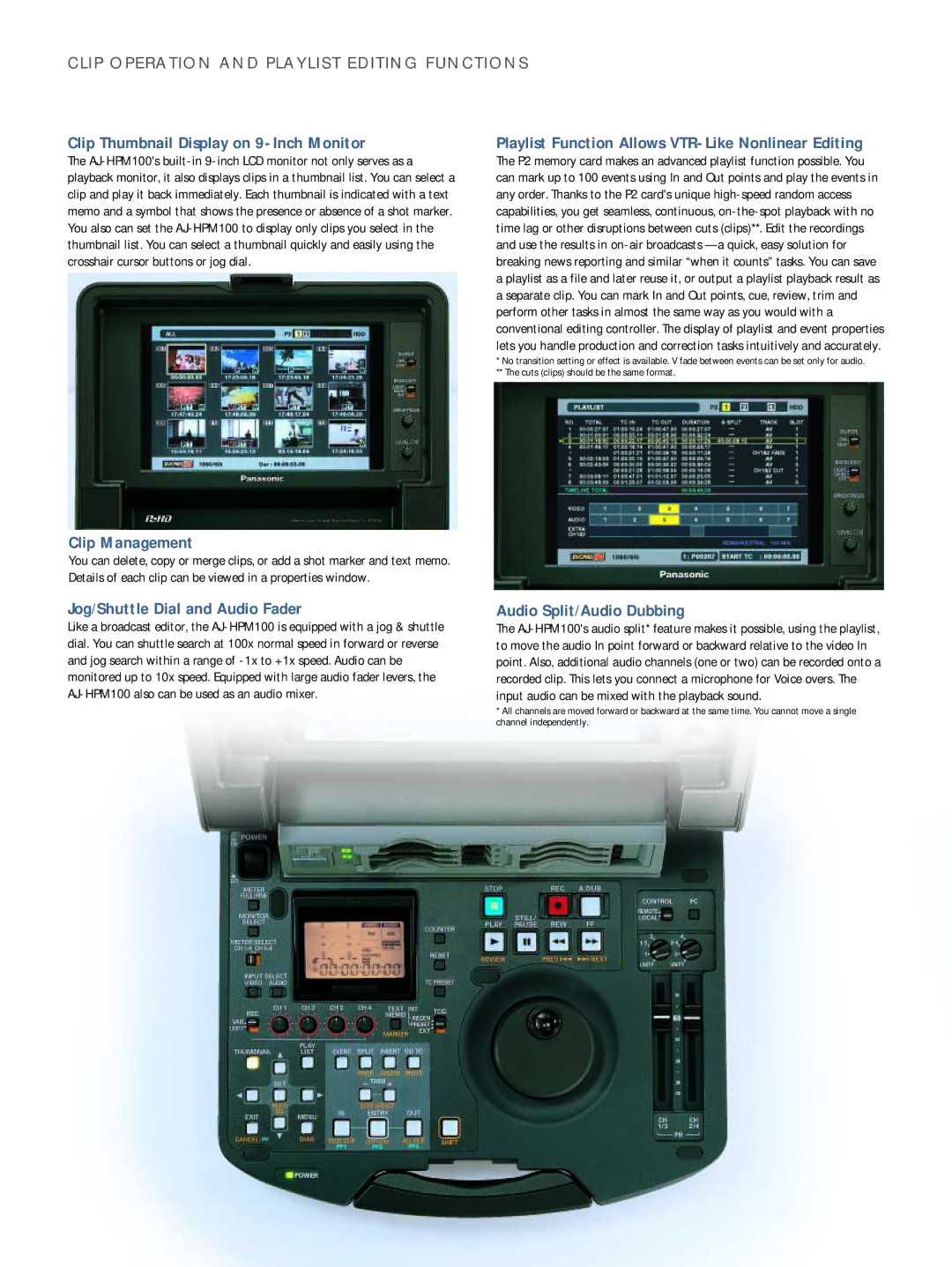 Panasonic AJ-HPM100E manual Clip Thumbnail Display on 9-Inch Monitor, Playlist Function Allows VTR-Like Nonlinear Editing 