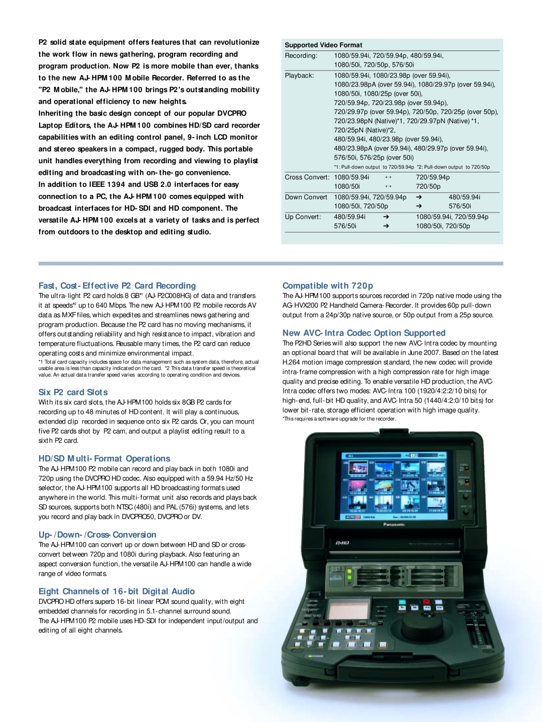 Panasonic AJ-HPM100E manual Fast, Cost-Effective P2 Card Recording, Six P2 card Slots, HD/SD Multi-Format Operations 