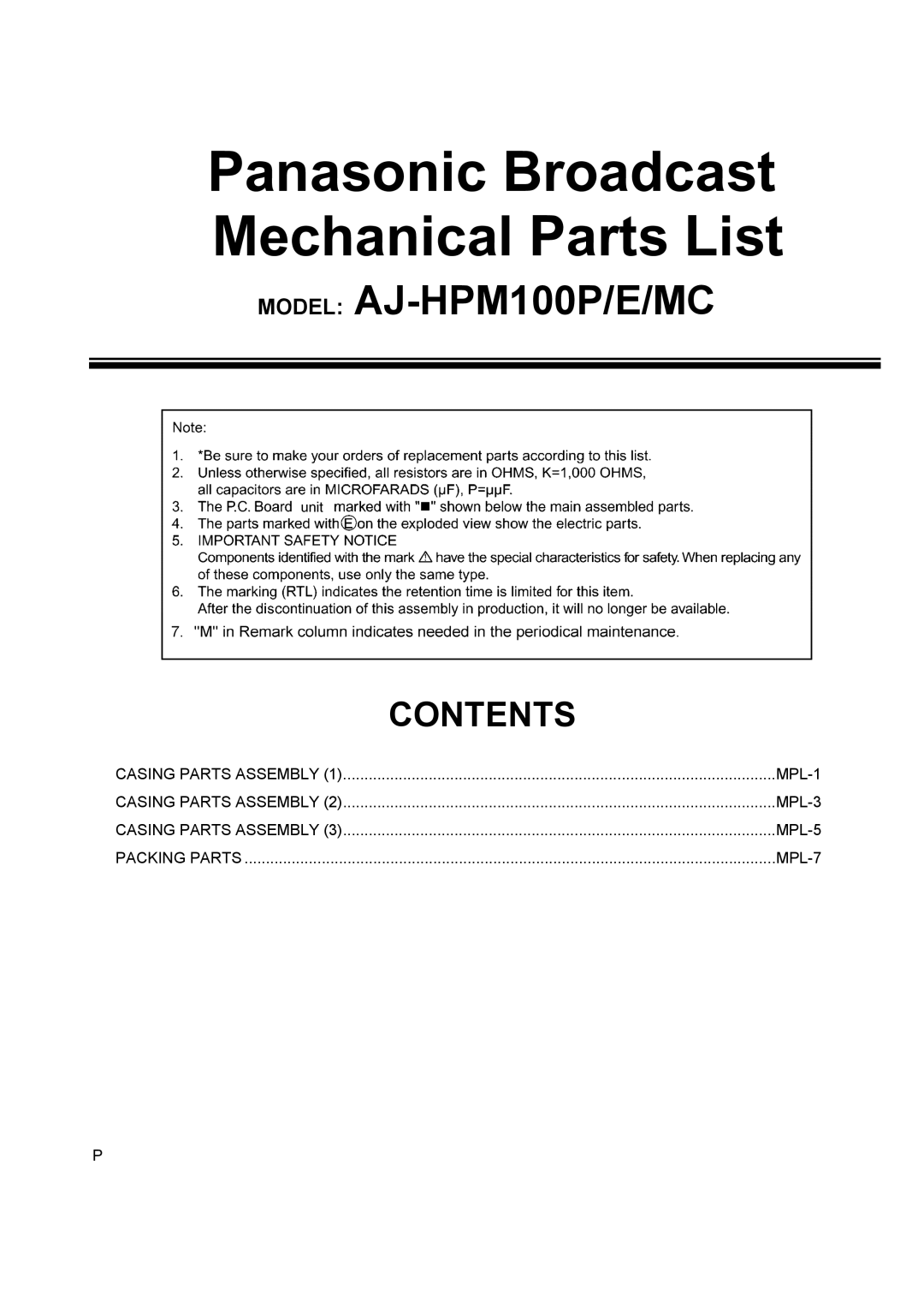 Panasonic AJ-HPM100MC manual Panasonic Broadcast Mechanical Parts List 