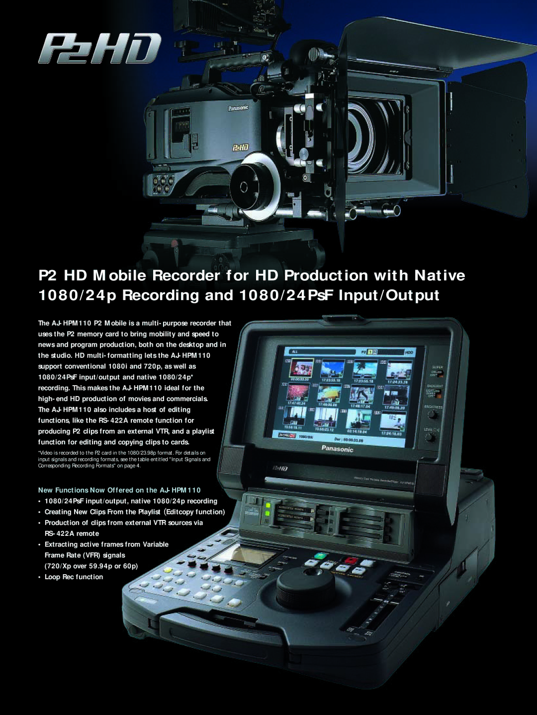 Panasonic AJ-HPM110 manual 720/Xp over 59.94p or 60p Loop Rec function 